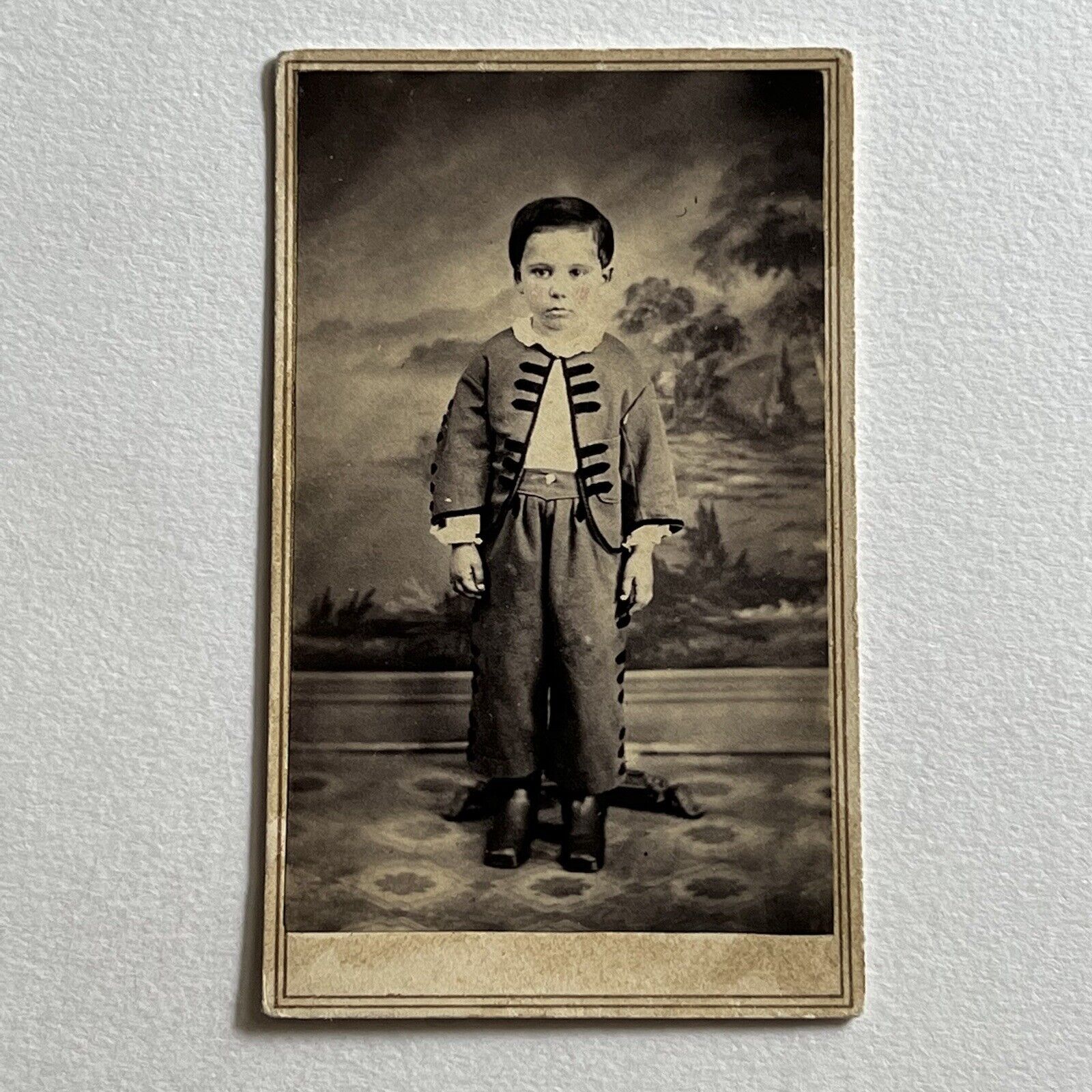 Antique CDV Photograph Spooky Boy Civil War Era Photo Stand Great Backdrop