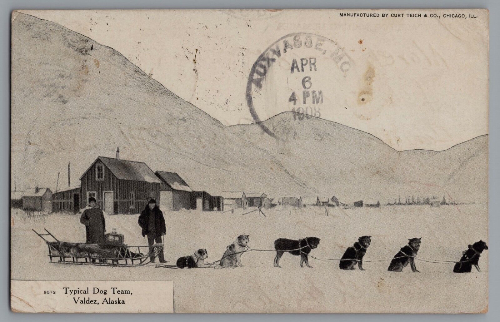 Sled Dog Team Valdez Alaska c. 1908 Snowy Landscape A14