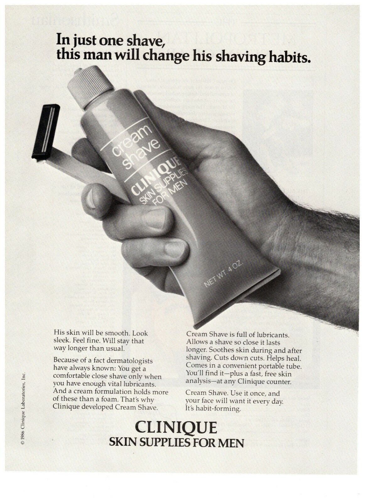 1986 Clinique Skin Supplies for Men Shaving Cream Vintage Print Advertisement