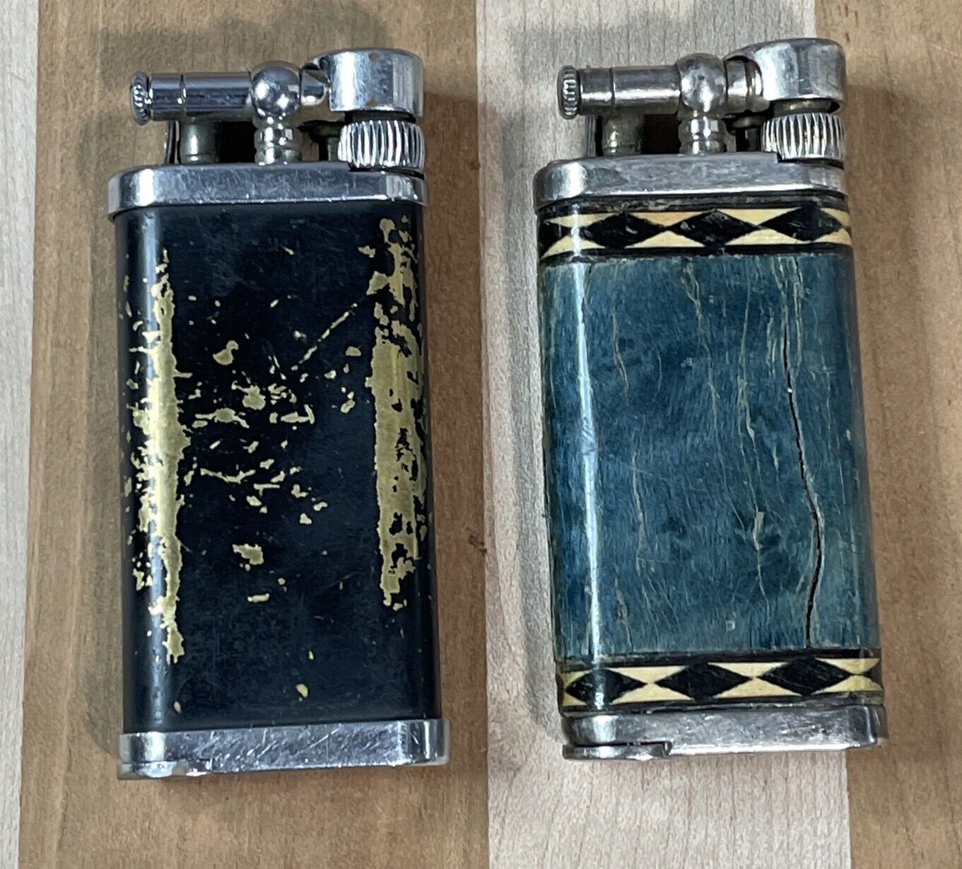 Vintage Set Of 2 IM Corona Old Boy Black Metal And Blue Wood Lighter *READ