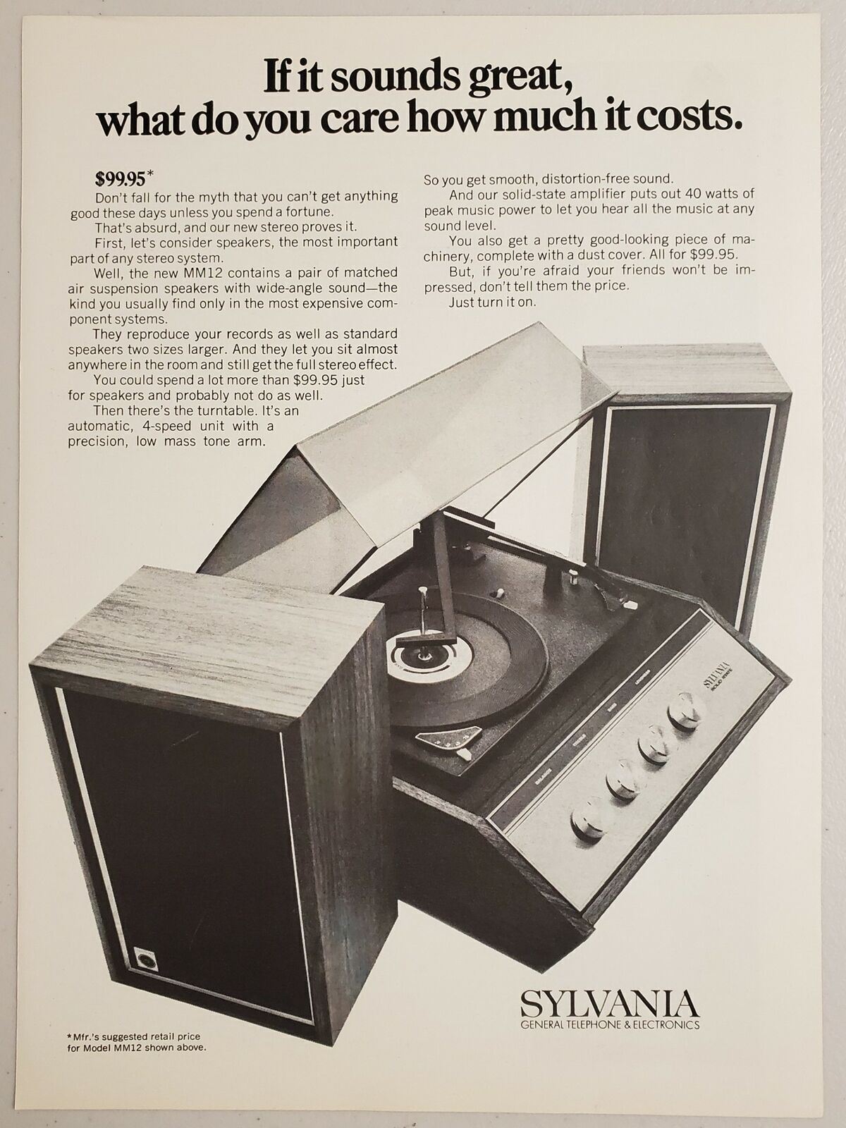 1970 Print Ad Sylvania MM12 Record Player & Air Suspension Speakers $99.95