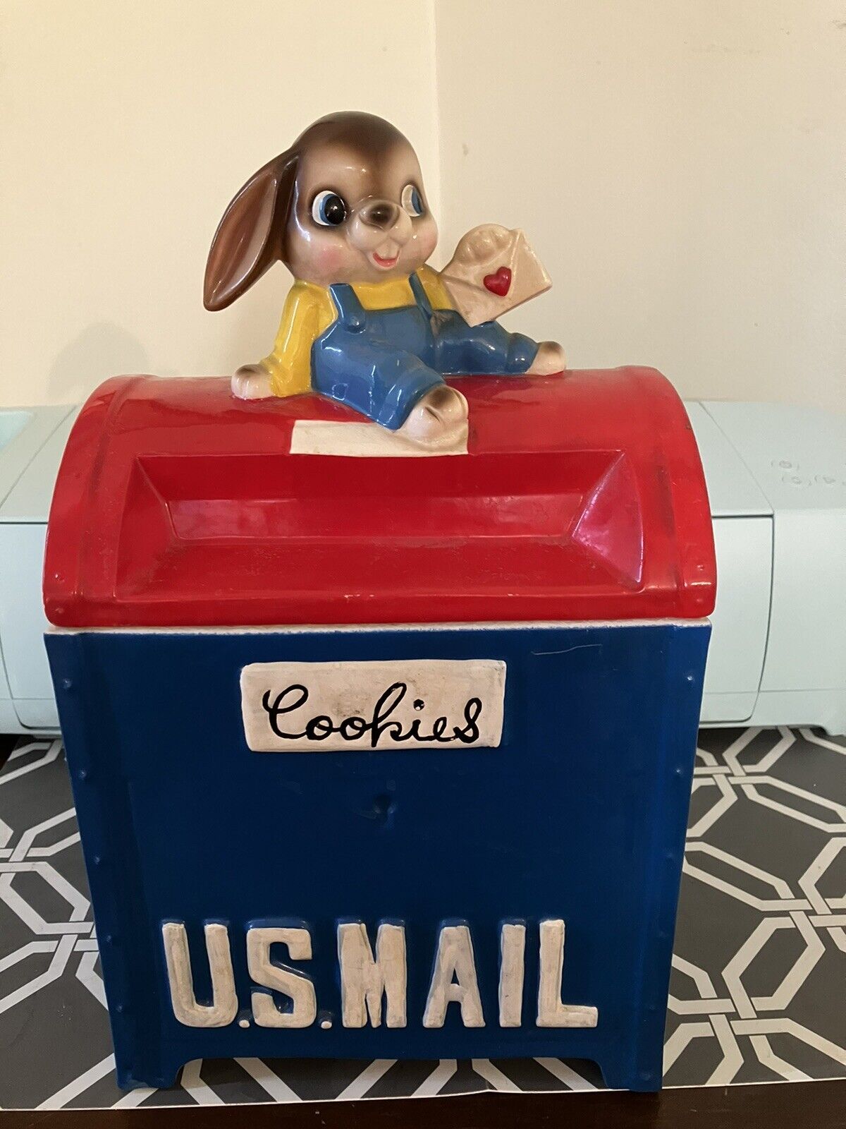 Rare Vintage US Mailbox Blue Red Bunny Rabbit Love Letter Cookie Jar