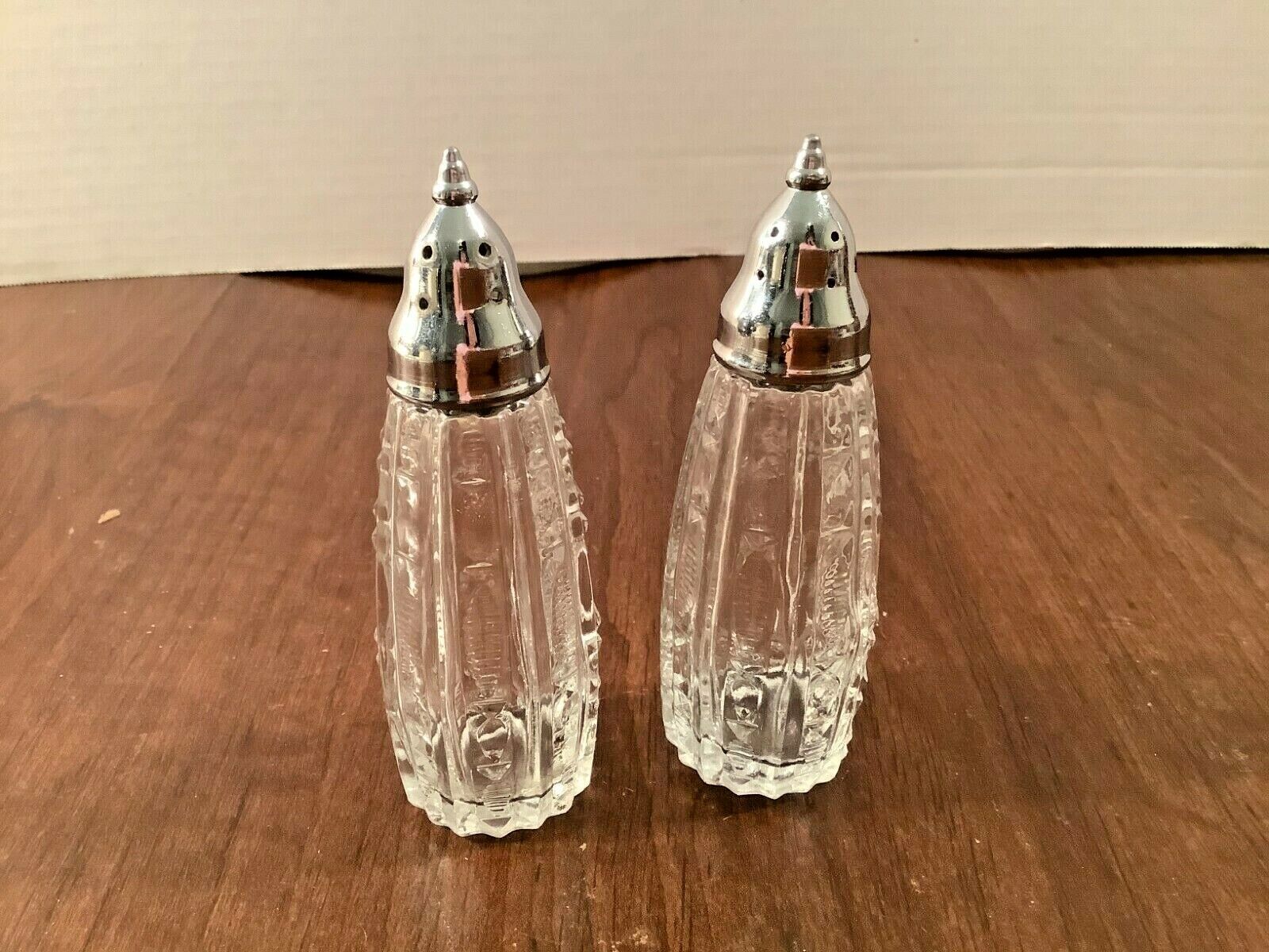 Vintage Clear Glass Hobnail Salt & Pepper Shakers Silvertone Caps