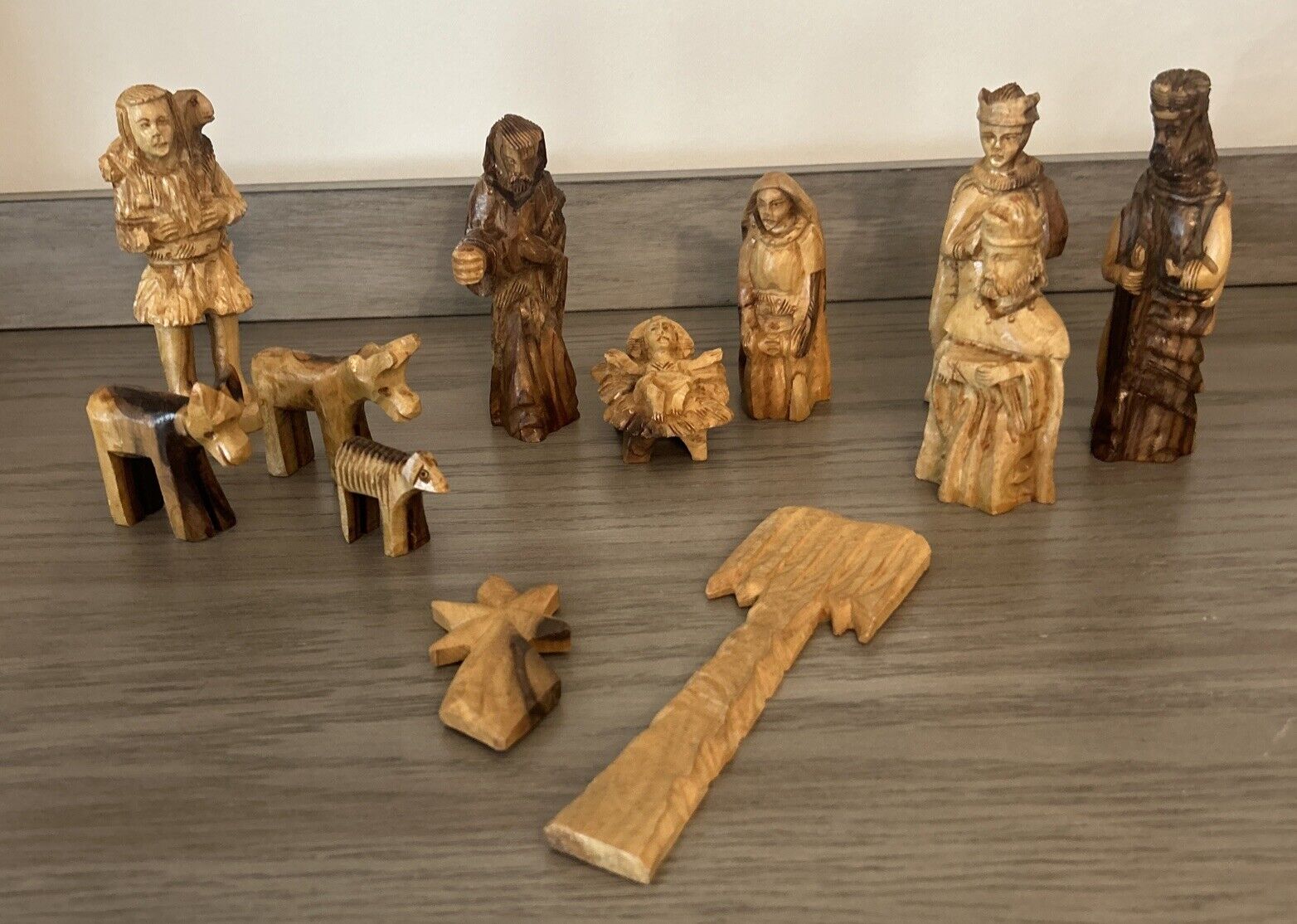 Vintage Hand Carved Olive Wood 12 Piece Nativity Set