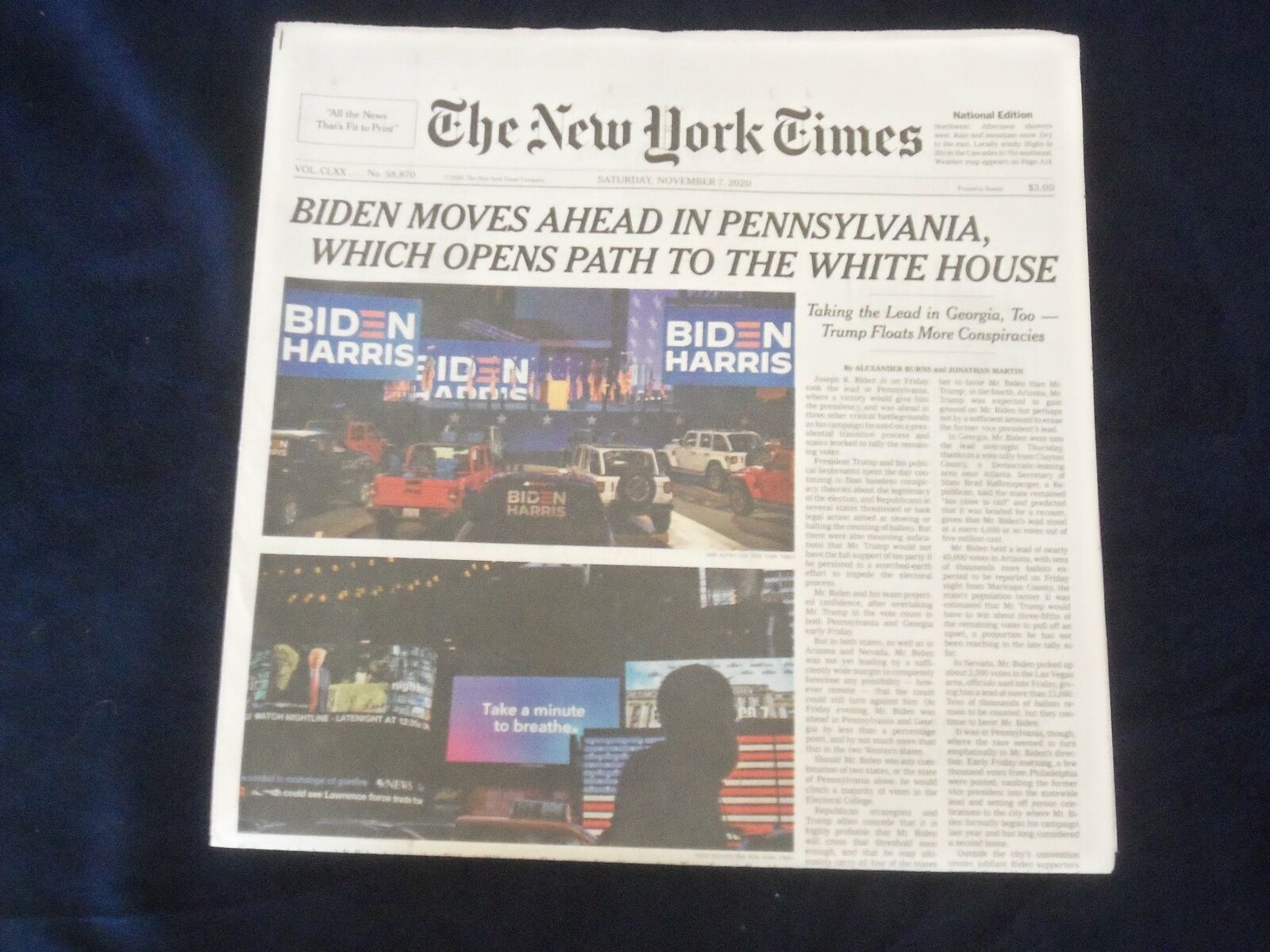 2020 NOV 7 NEW YORK TIMES-BIDEN MOVES AHEAD IN PA & GA OPENS PATH TO WHITE HOUSE