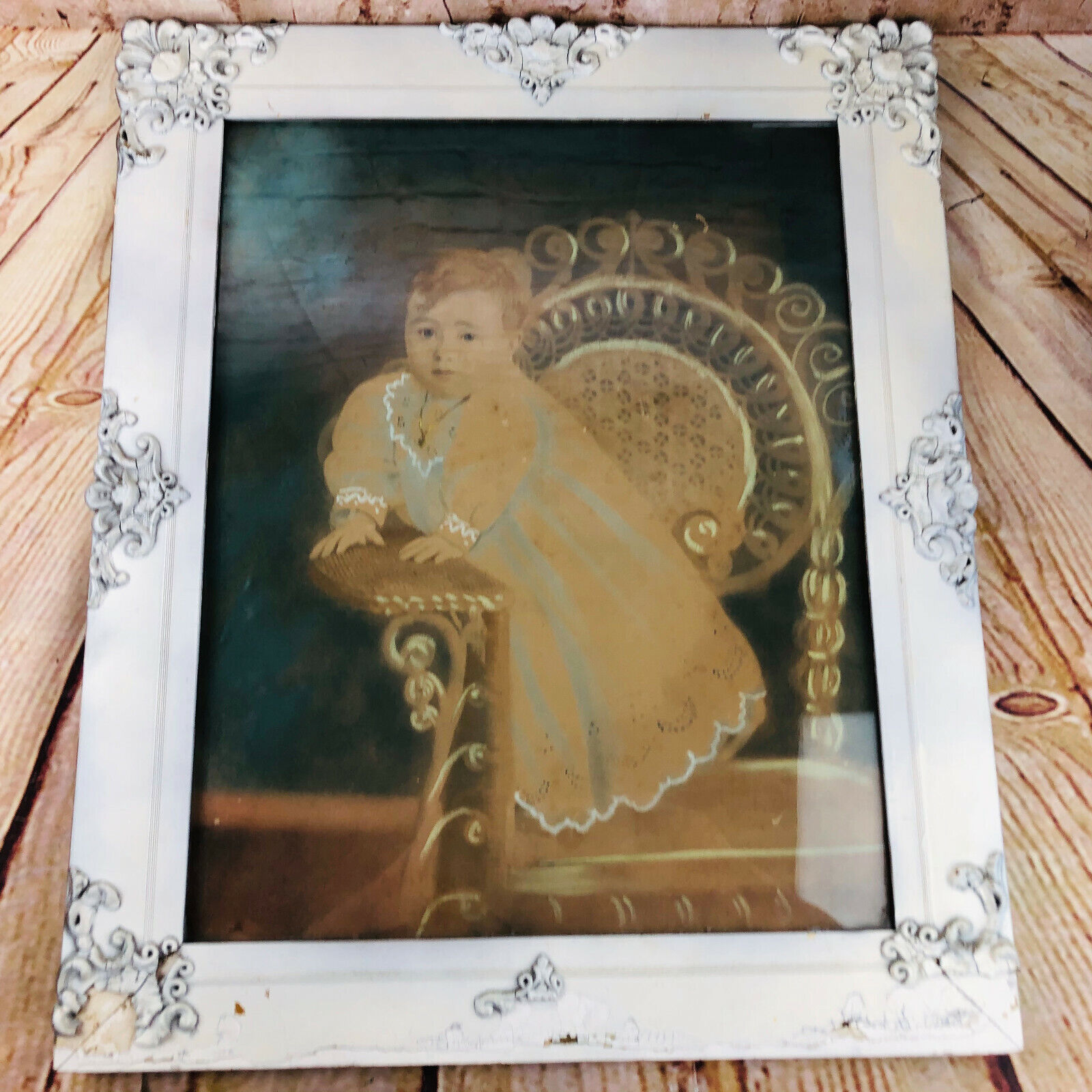 Vtg Victorian ornate Wooden Frame Child Chair Painting 25