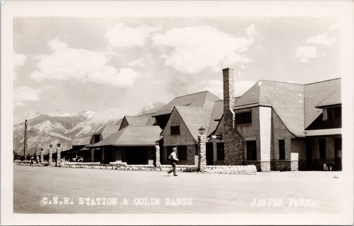 Jasper Alberta CNR Station & Colin Range Train Depot JA Weiss RPPC Postcard H7