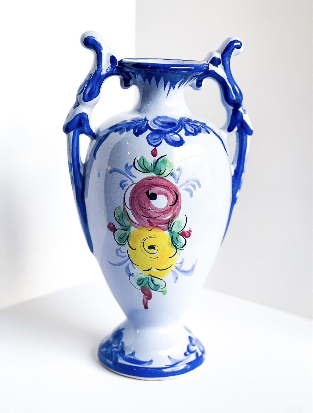 Vintage Artisan Signed Vestal Hand Painted Two Handled Vase From Portugal