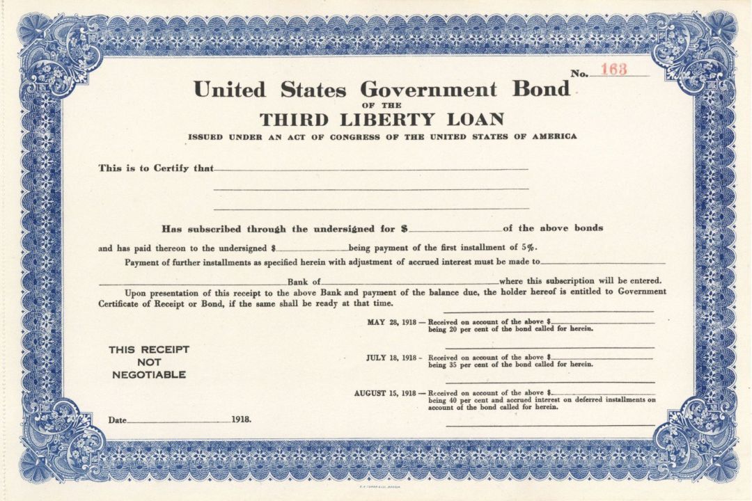 1918 dated Unissued United States Government Bond of the 3rd Liberty Loan - U.S.