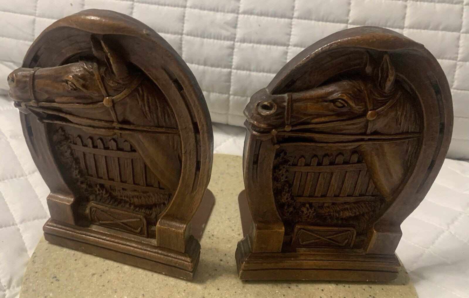 Vtg PAIR 30-40’s Burwood Ornawood Horse / Horse Shoe / Polo  Art Deco Bookends