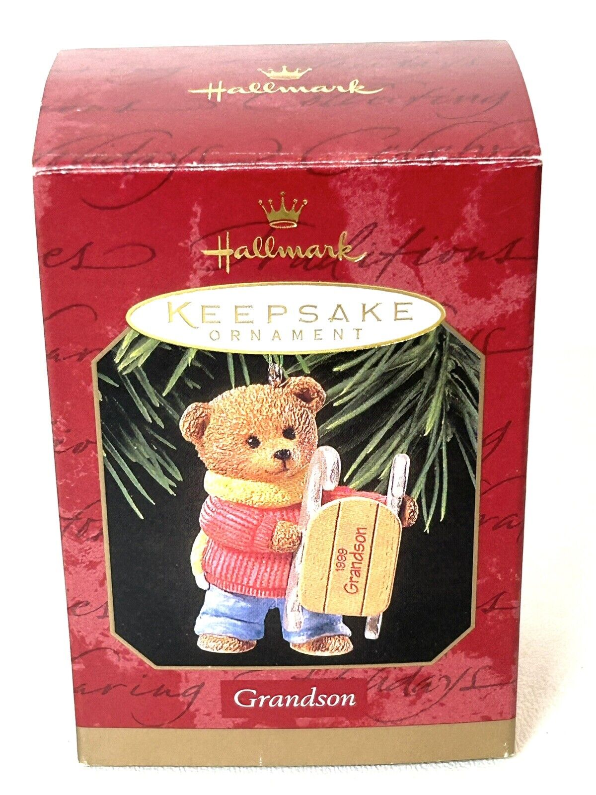 Hallmark Ornament Keepsake For Grandson 1999 Bear With Sled Vintage With Box