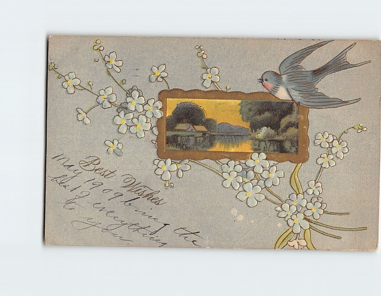Postcard Best Wishes with Flowers Bird Embossed Art Print