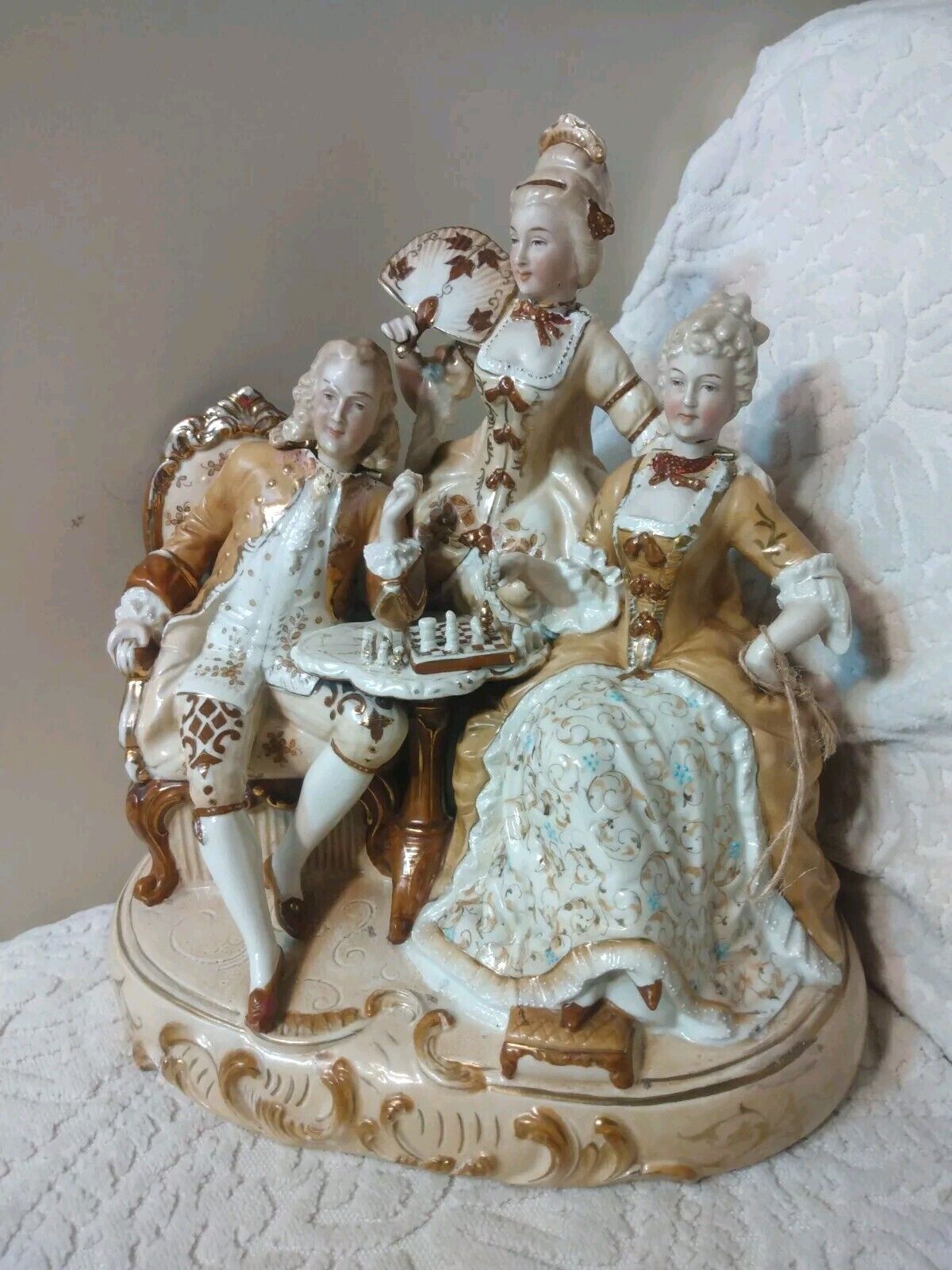RARE Antique Dresden Porcelain Figurine Scene Chess Game 3 Nodding Head Figures 