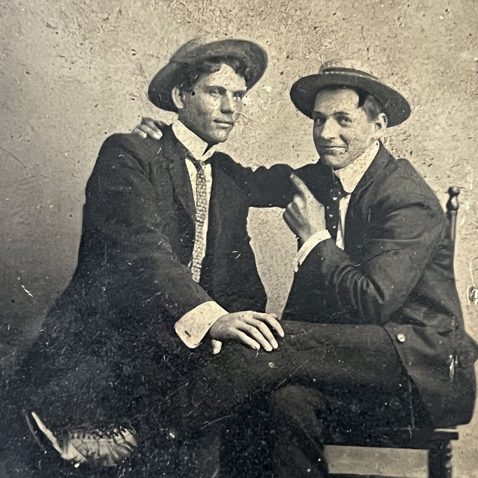 Antique Tintype Photograph Handsome Affectionate Young Men Hand On Leg Gay Int