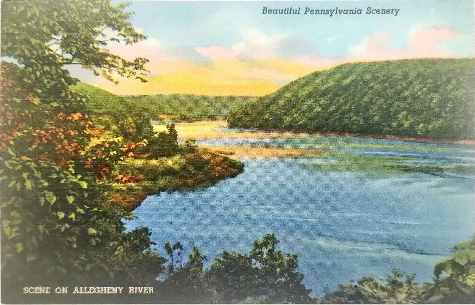 Postcard Scene on Allegheny River Beautiful Pennsylvania Scenery Linen