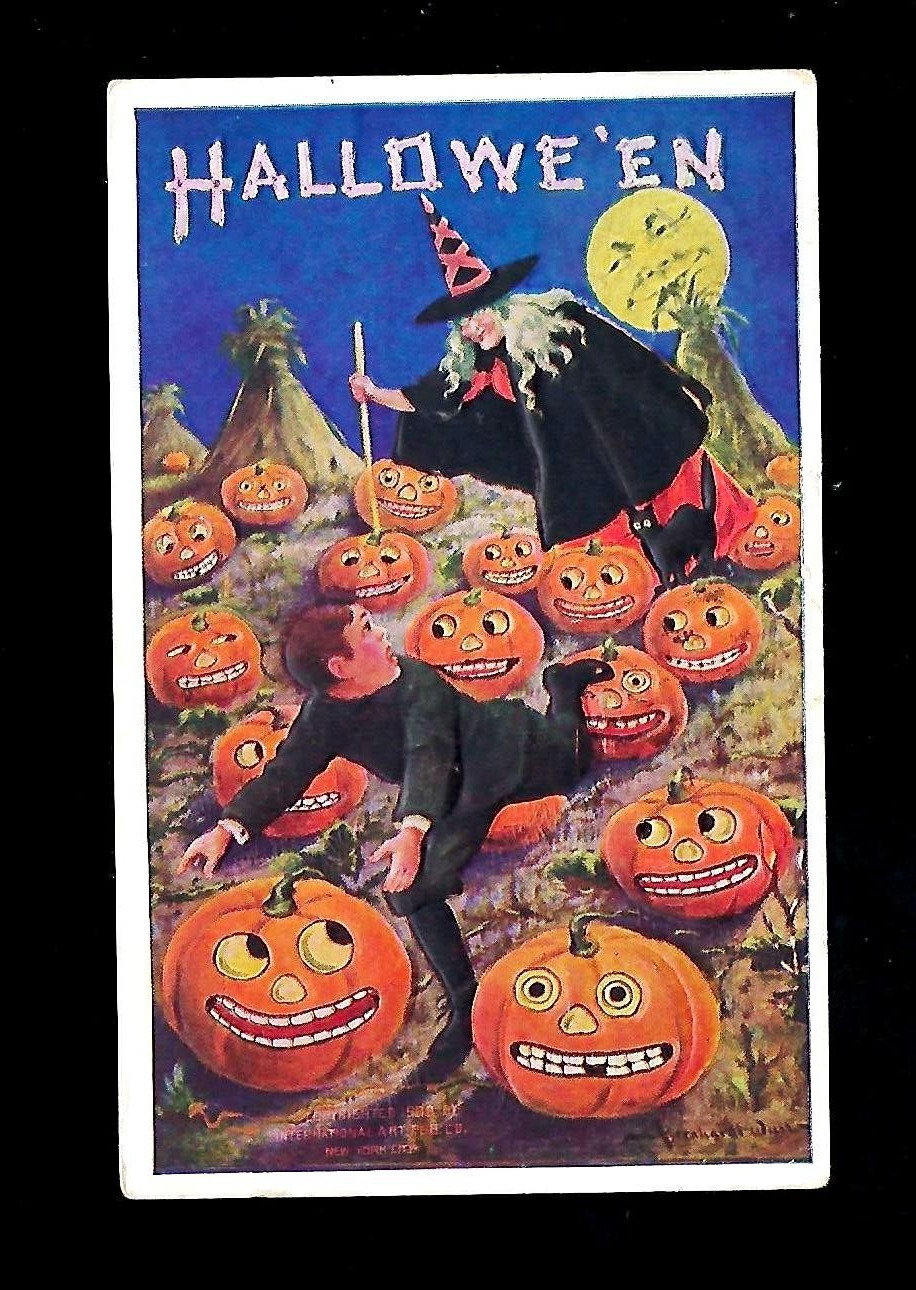 c1909 Halloween Postcard Pumkin Patch Witch & Scared Boy Running