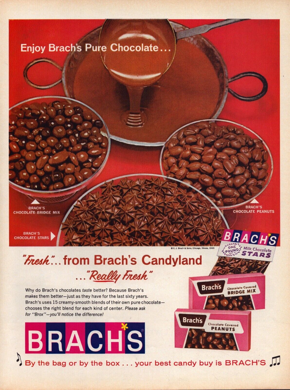 1965 Brach's Candy Print Ad Pure Chocolate Fresh From Candyland