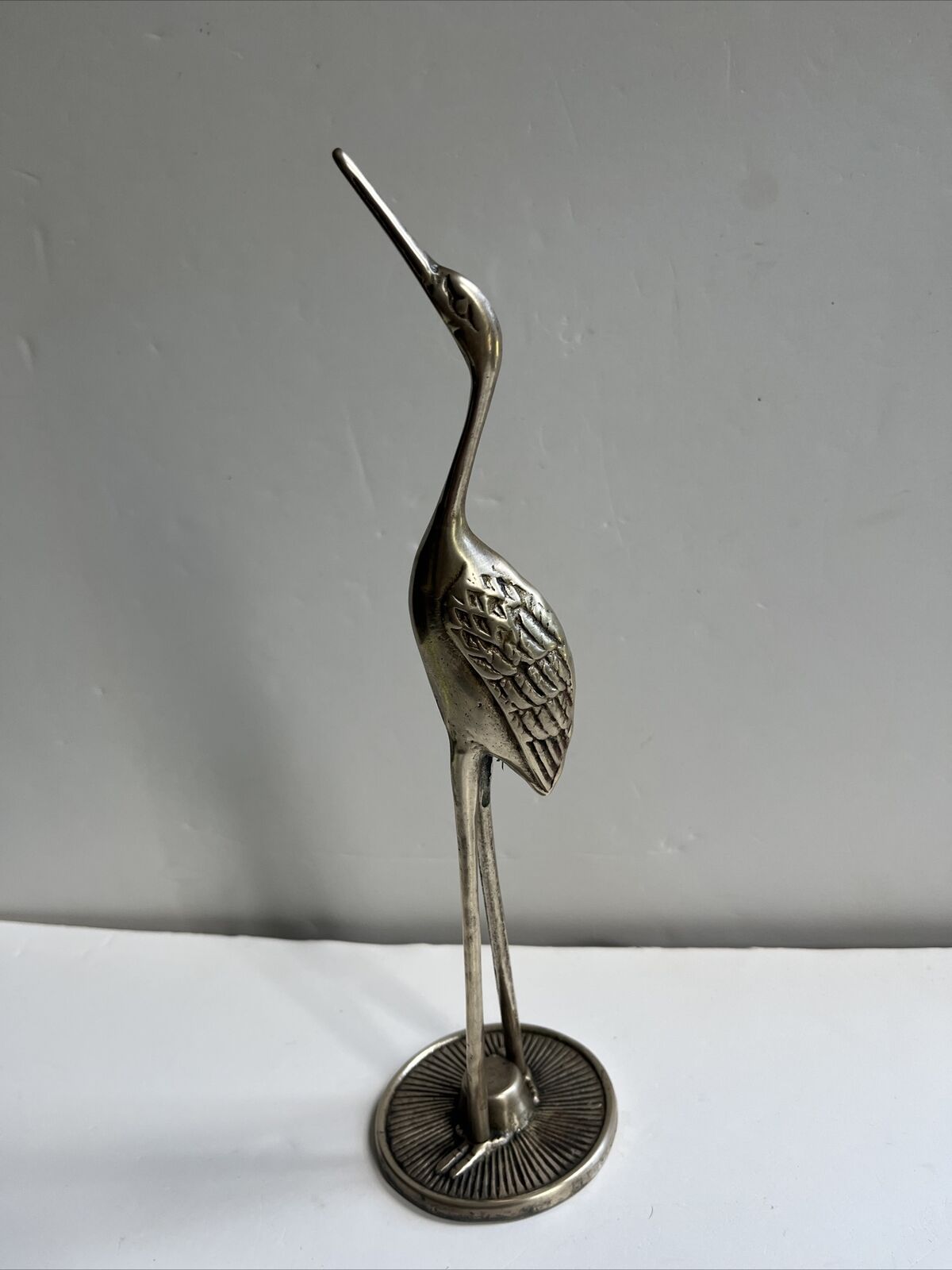 Vintage Solid Brass Heron Crane Egret  Bird Figurine MCM 11.5”Tall Sculpture