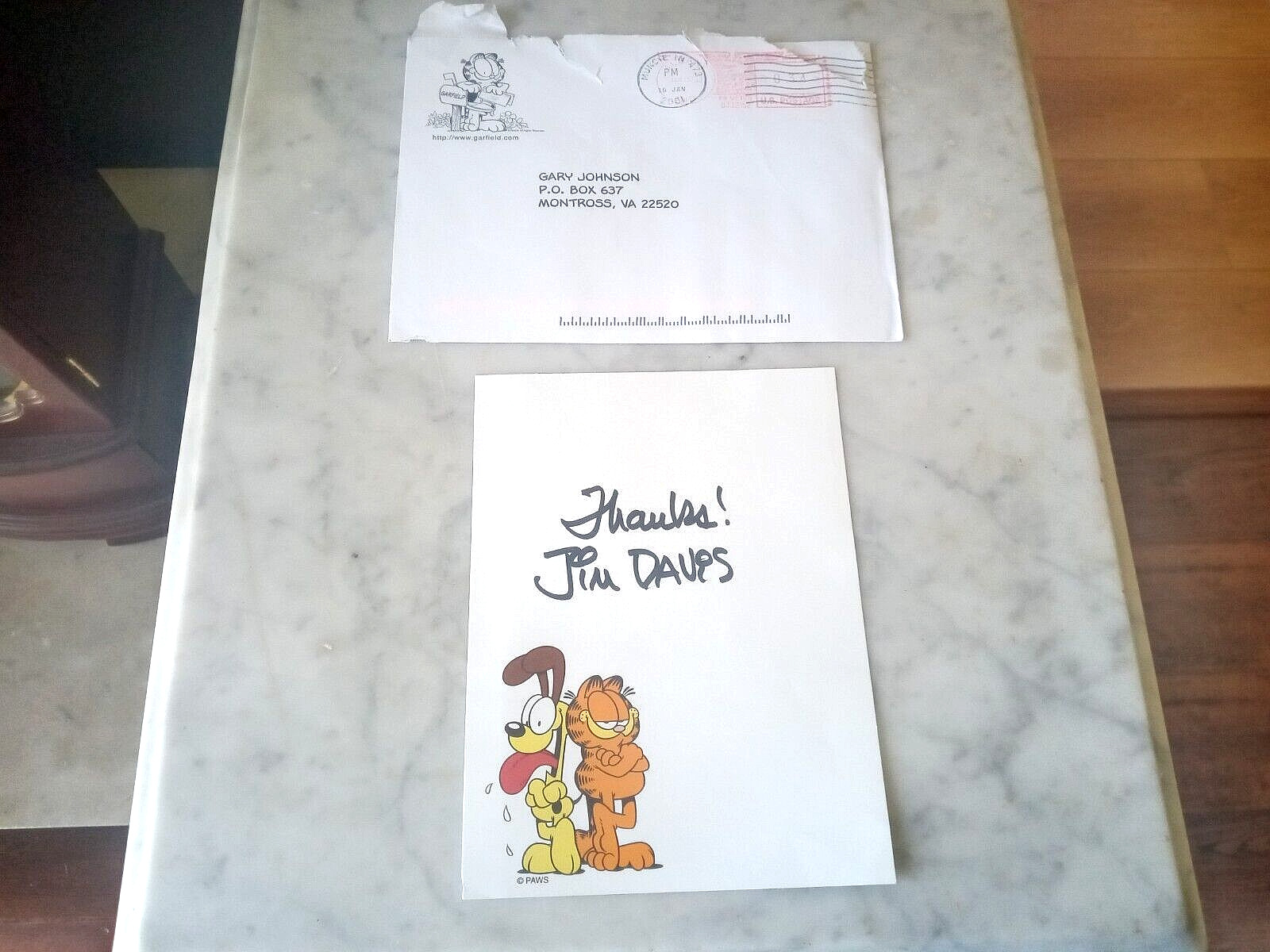Jim Davis Signed Garfield Card (No Inscription) Envelope From Indiana -FREE SHIP