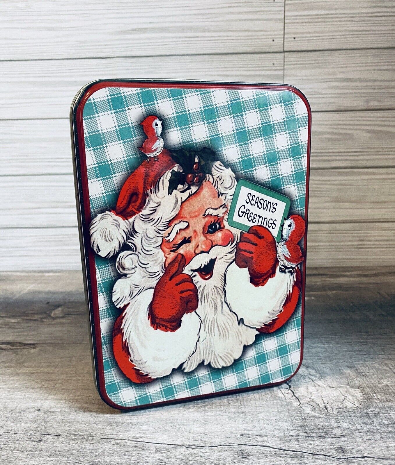 Vintage Lindy Bowman Winking Santa/Seasons Greetings Tin