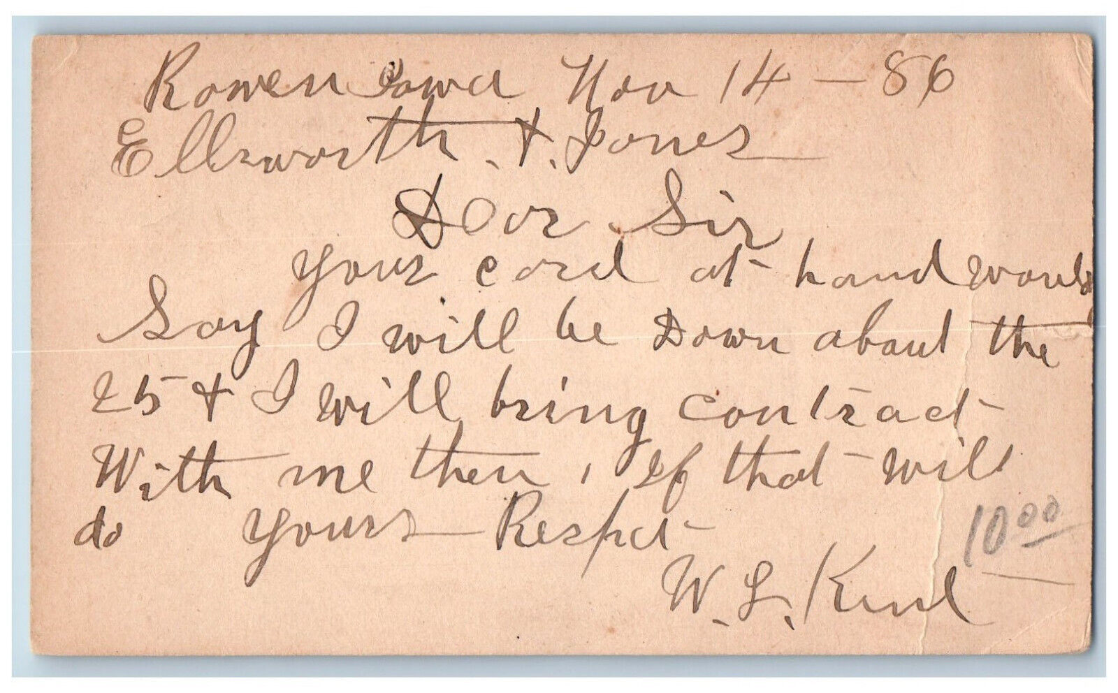 Rowan Iowa IA Postal Card Ellsworth & Jones Card at Hand 1886 Antique Posted