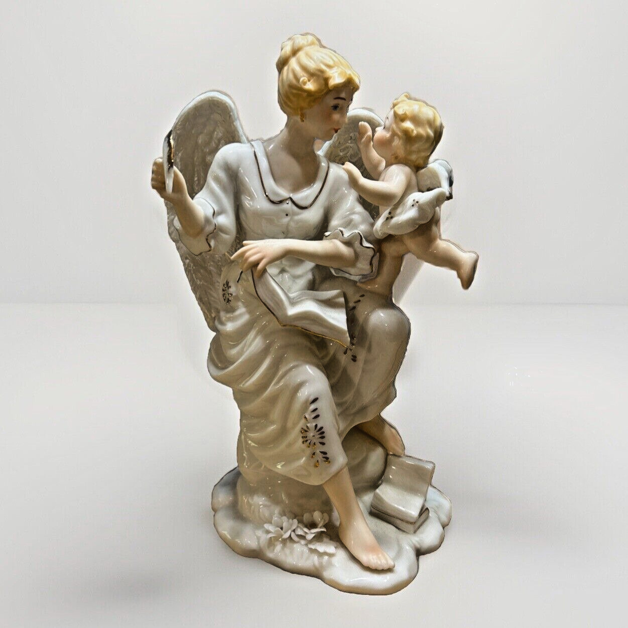 Mark O'Well ~ Vintage Porcelain Angel ~ With Feather and Cherub