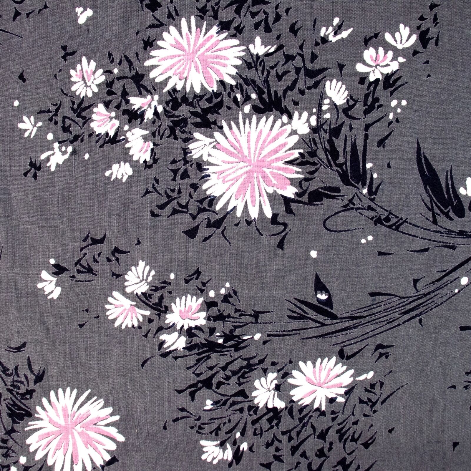 Vintage Cotton Fabric 1960s Dressmaking Pink Floral on Gray Flowers 35x72 Unused