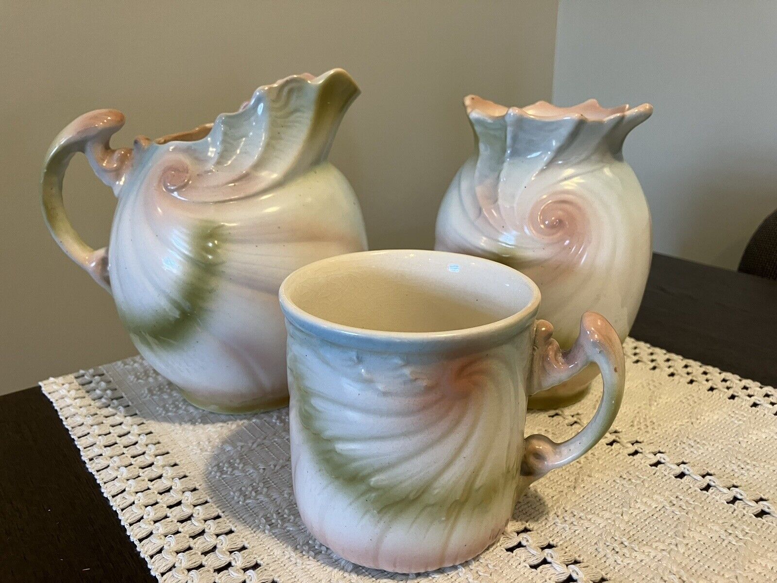 Antique Victorian Wash Set. Pitcher~Mug And Vase~Nautilus Shell Set. No Basin