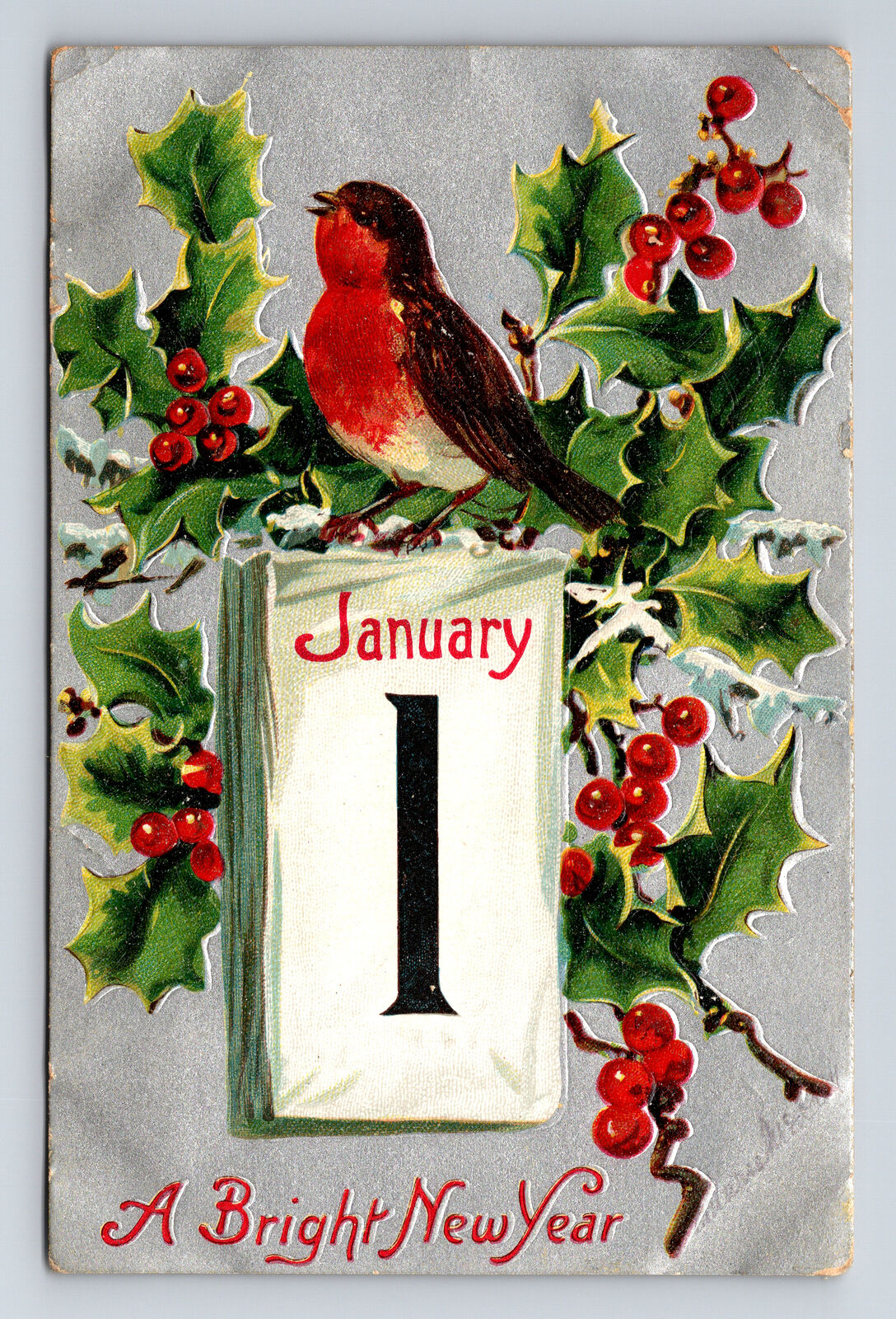 TUCKS January 1st Bright New Year Christmas Robin Mistletoe Postcard
