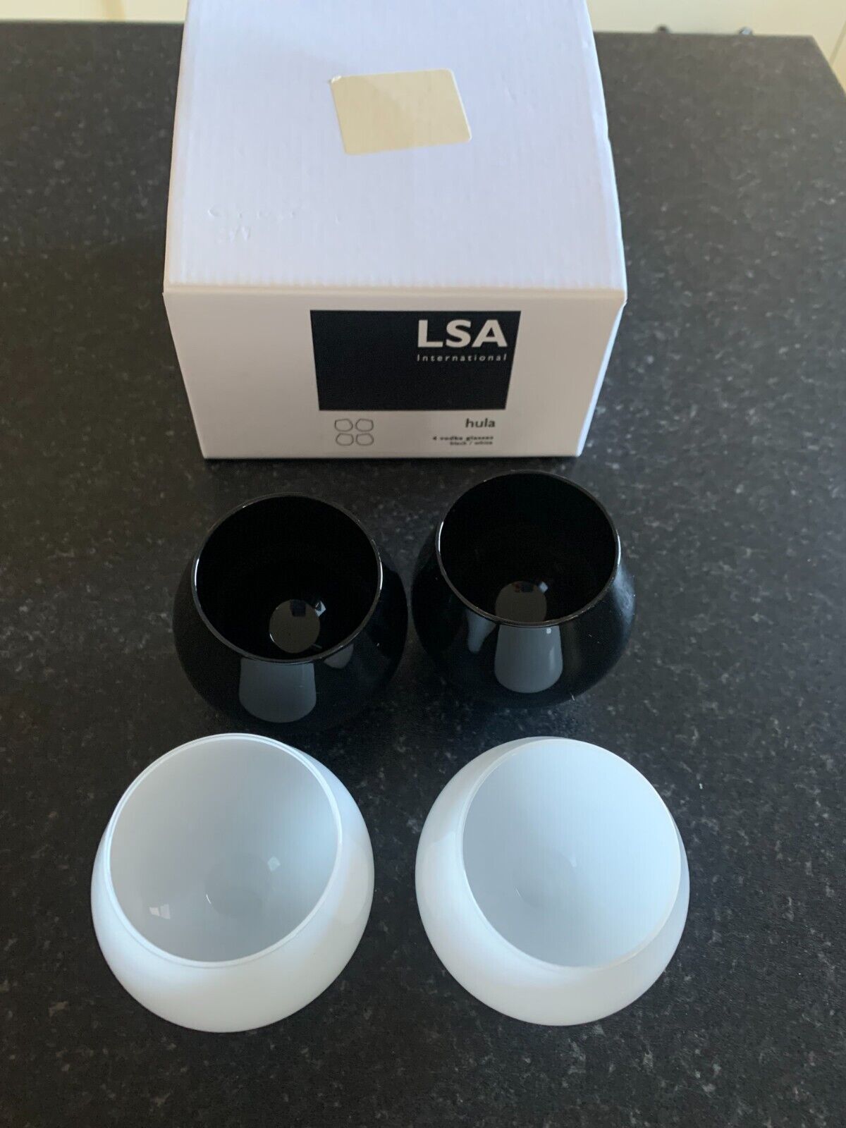 LSA INTERNATIONAL BOXED SET OF 4 HULA VODKA SHOT GLASSES BLACK&WHITE ROUND BASE