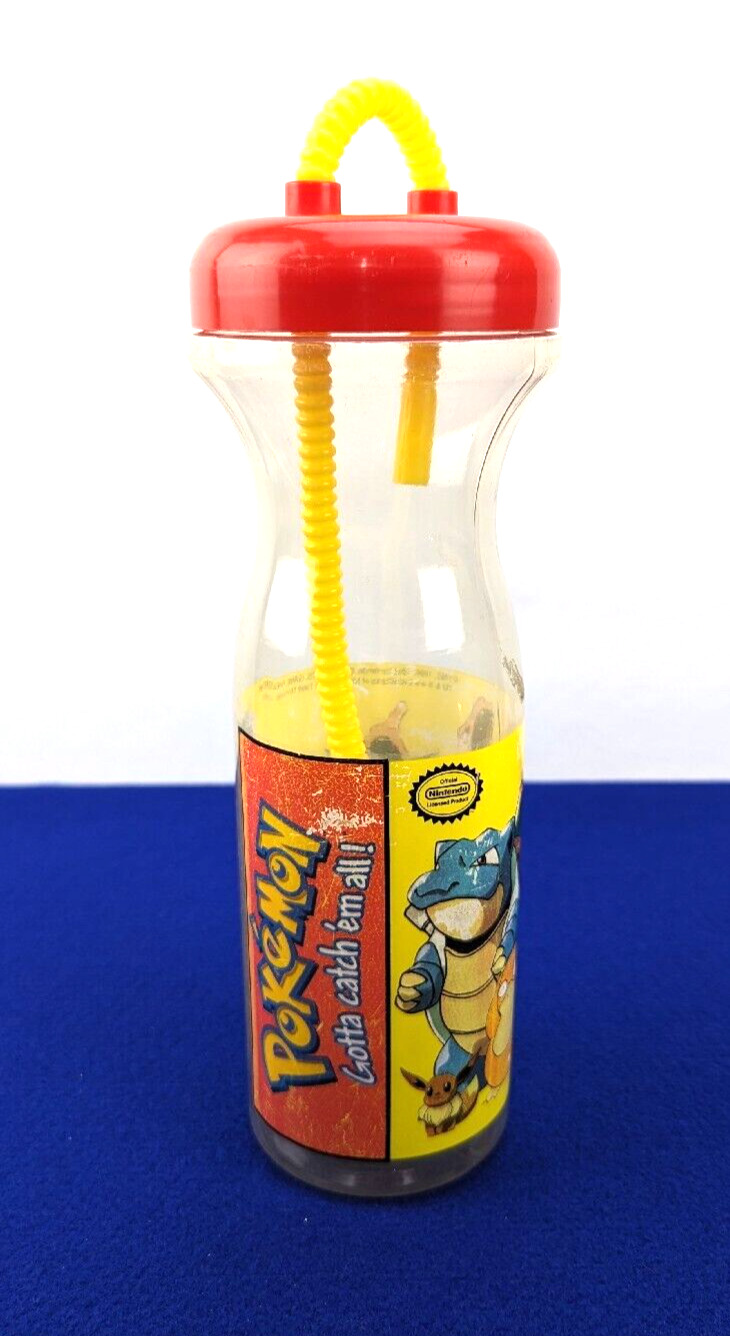 VINTAGE 1999 Nintendo Pokemon Plastic Bottle w/ Straw Original Red / Yellow 10\