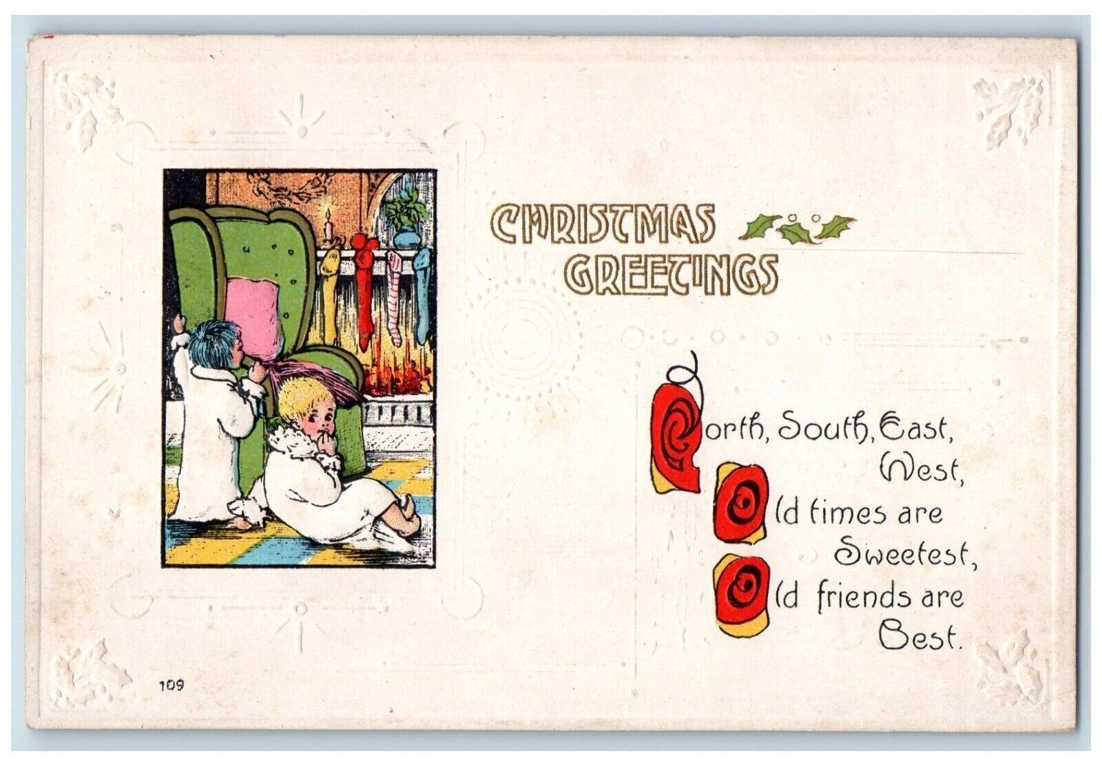 Christmas Greetings Children Waiting Hanging Stockings Purcellville VA Postcard