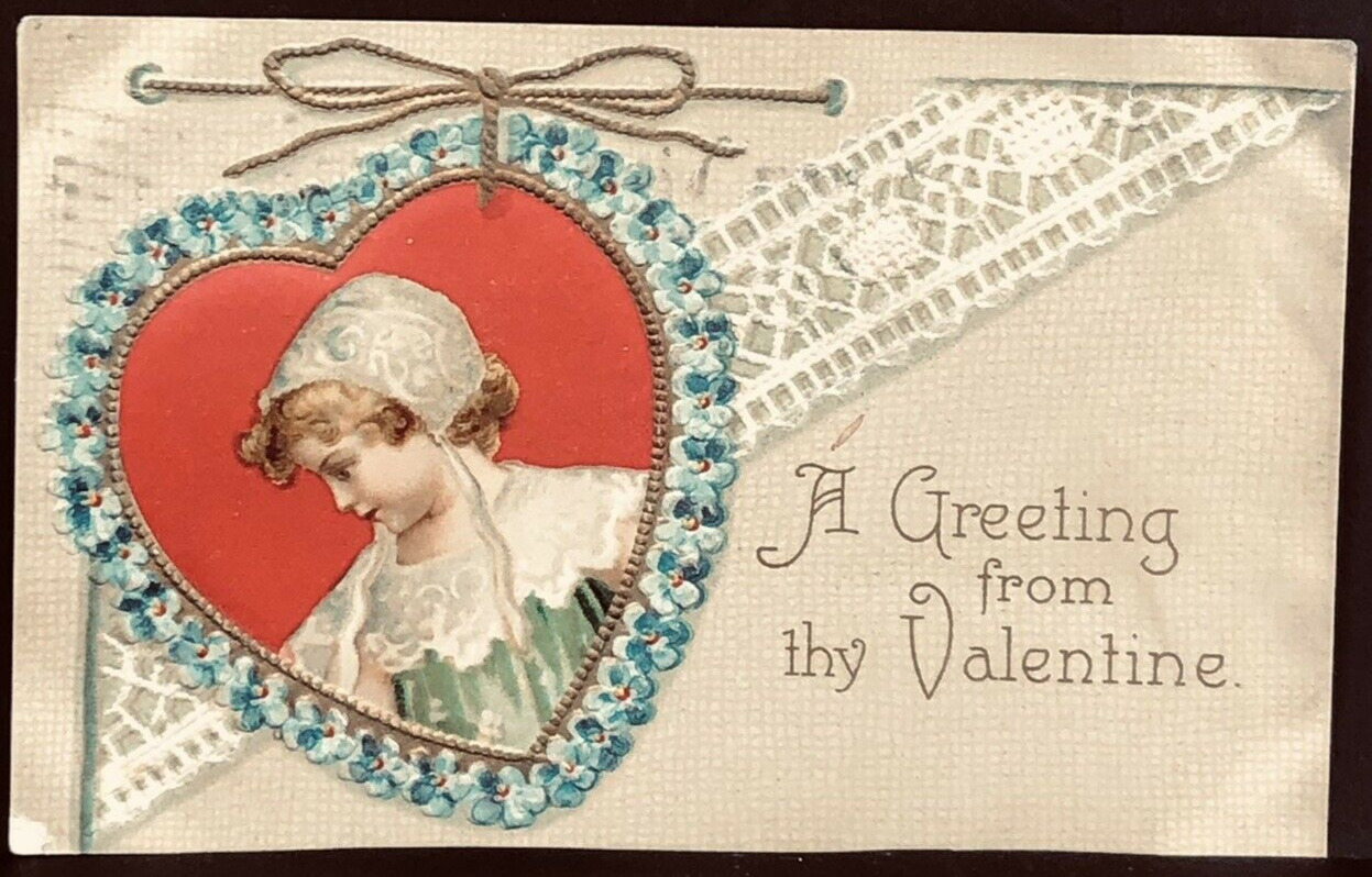 Postcard Valentines A Greeting From Thy Valentine Embossed Red Heart Indiana 