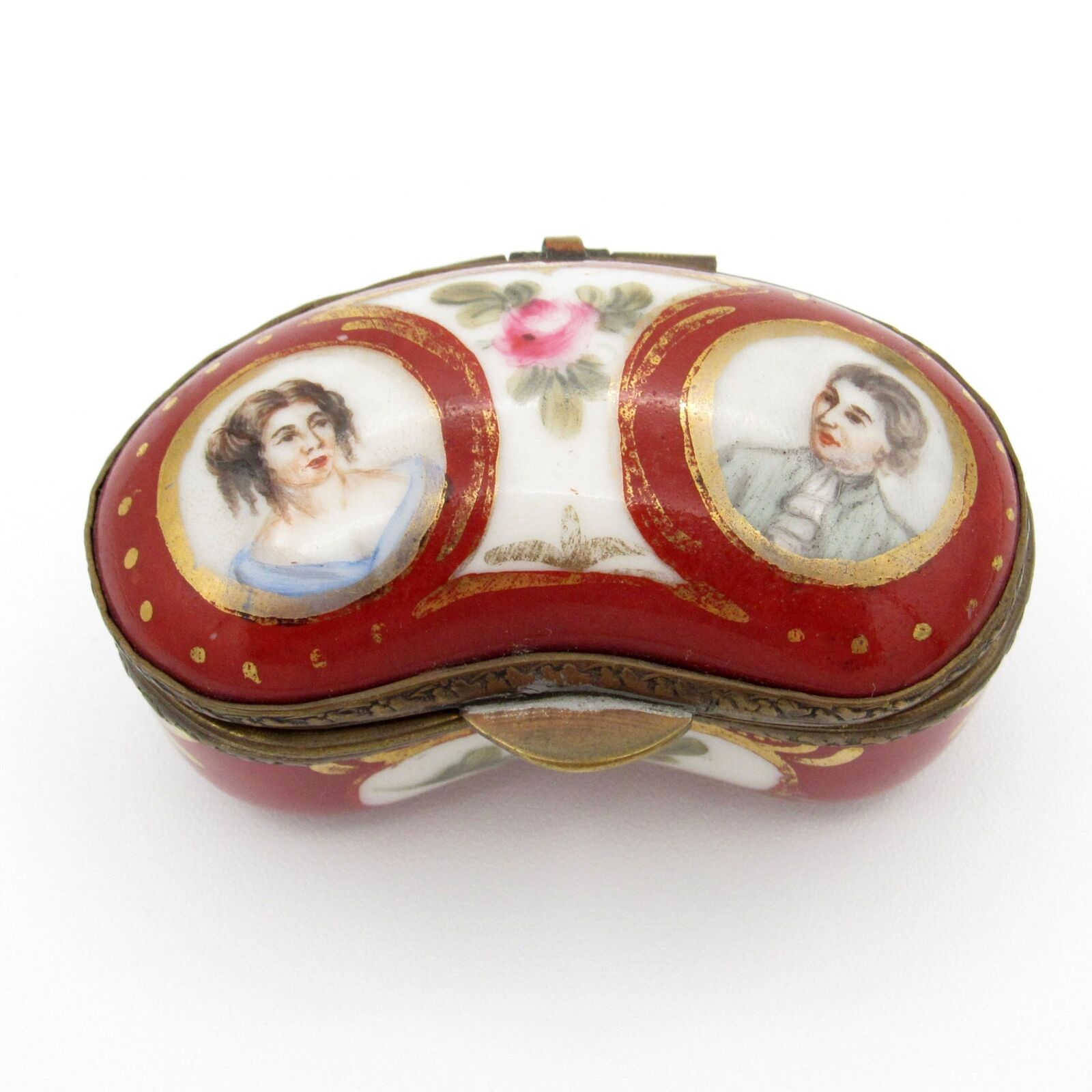 Antique Hand Painted George and Martha Bean Shaped Porcelain Box 