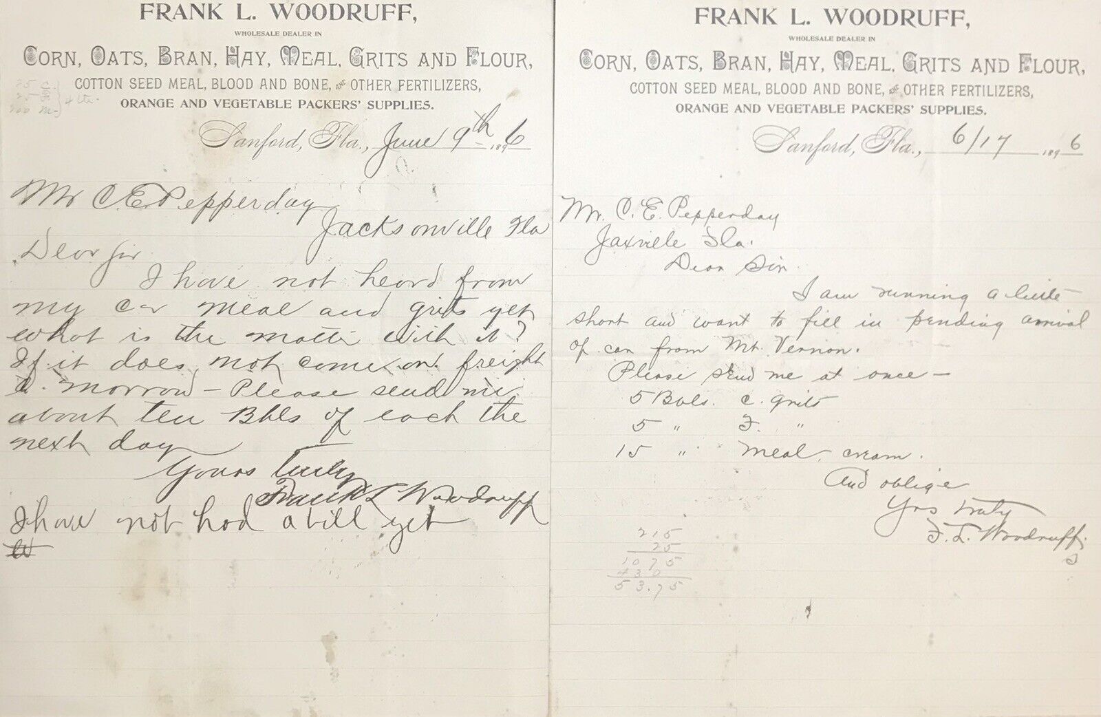 TWO 1896 WHOLESALE DEALER LETTER/NOTES. LANFORD FLORIDA 