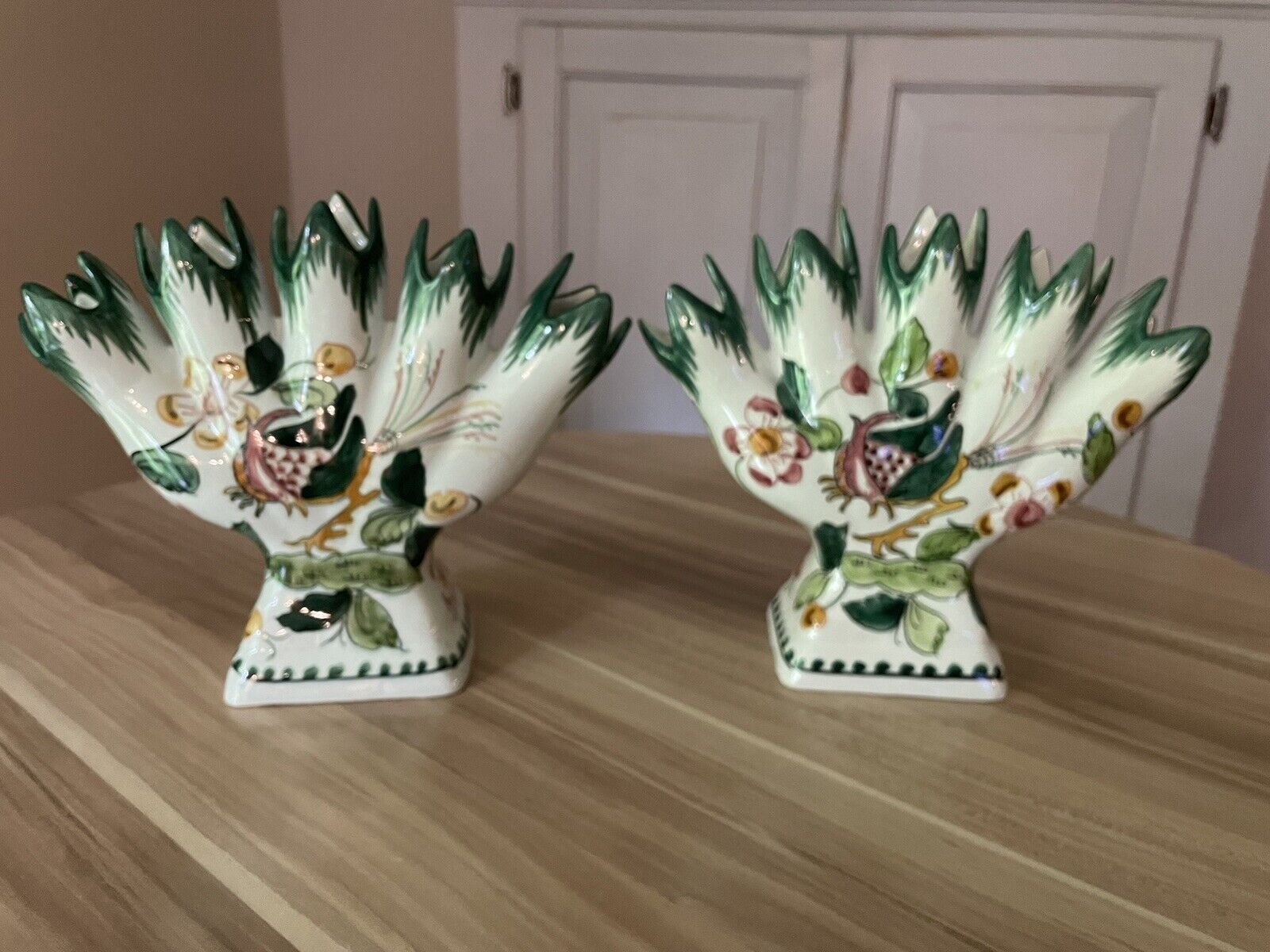 2 Vintage Five Finger Green/Pink Floral Porcelain Vases Hand Painted Portugal
