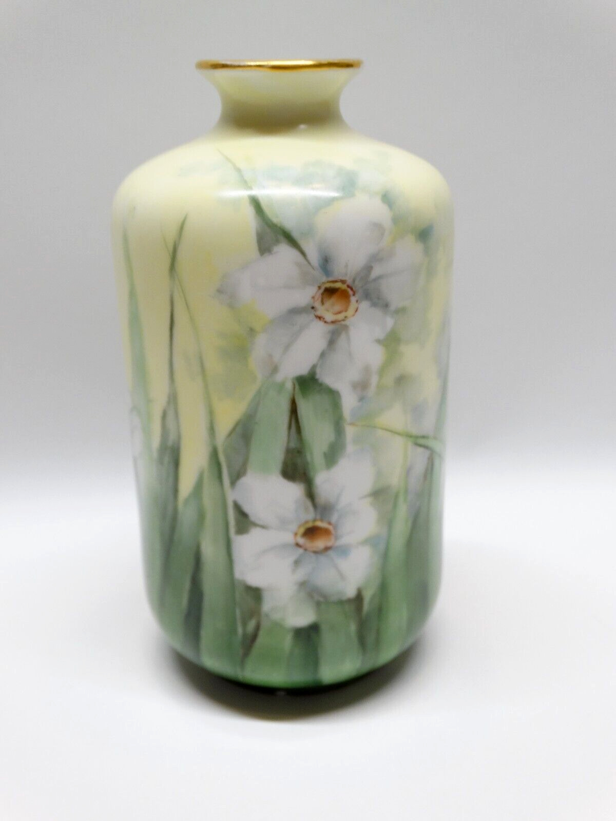 Antique Porcelain Vase Daffodil Design with Gold Trim Bavaria Signed by Artist