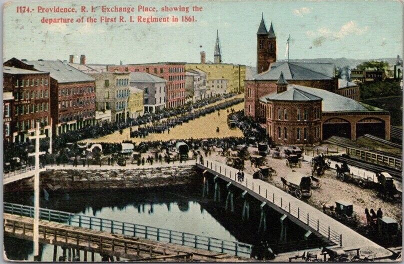 1912 PROVIDENCE RI Postcard EXCHANGE PLACE Departure of 1st RI Regiment in 1861