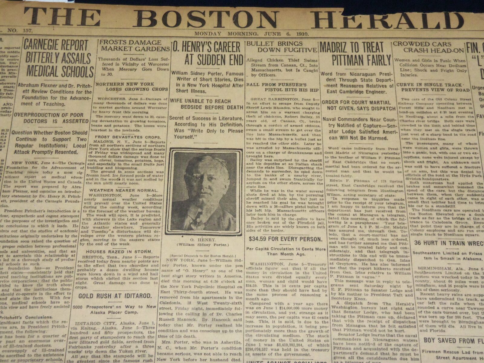 1910 JUNE 6 THE BOSTON HERALD - O. HENRY'S CAREER AT SUDDEN END - BH 330