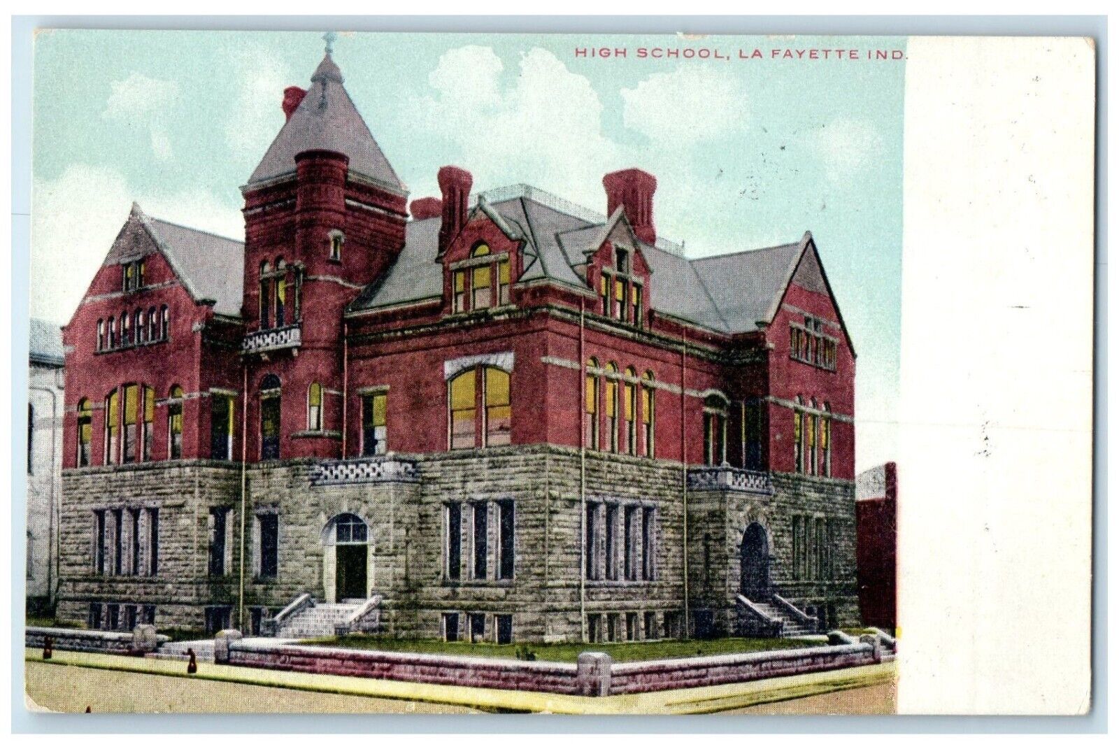 c1910 High School Exterior Building La Fayette Indiana Vintage Antique Postcard