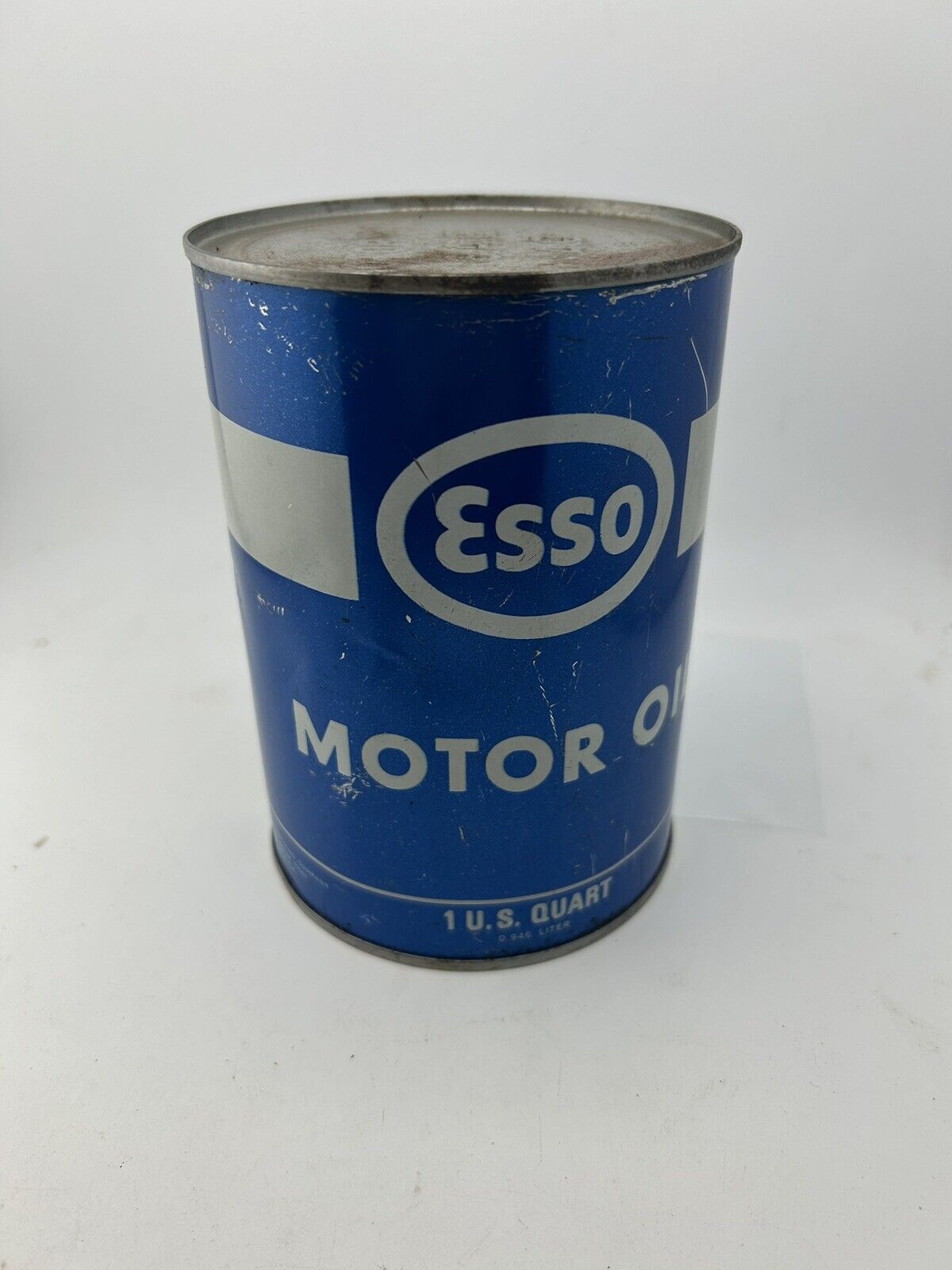 Vintage Old NOS Original Blue Esso Motor Oil U.S. One Quart Metal Tin Can Full