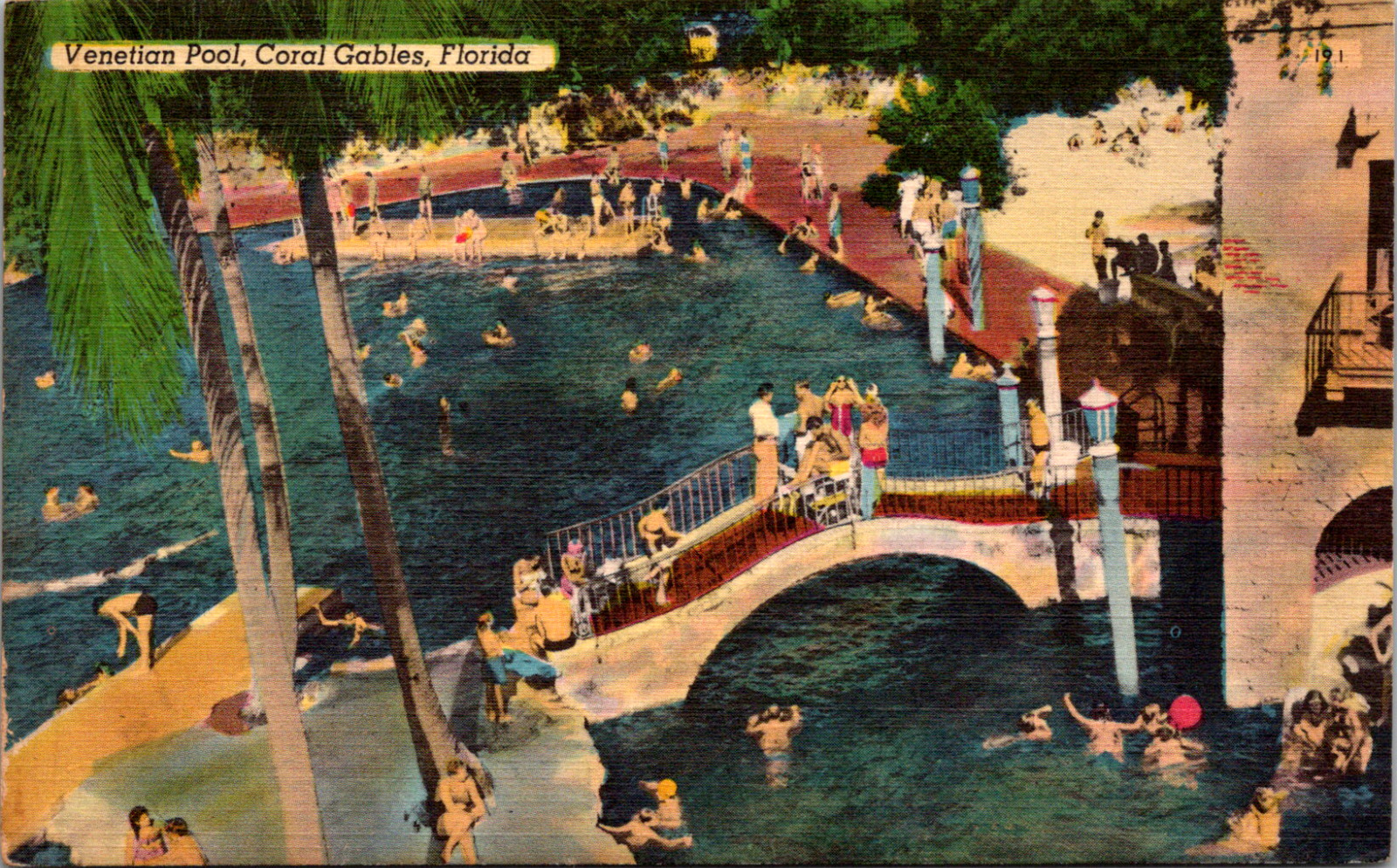 Coral Gables Florida FL The Venetian City Pool Scene Vintage C. 1953 Postcard