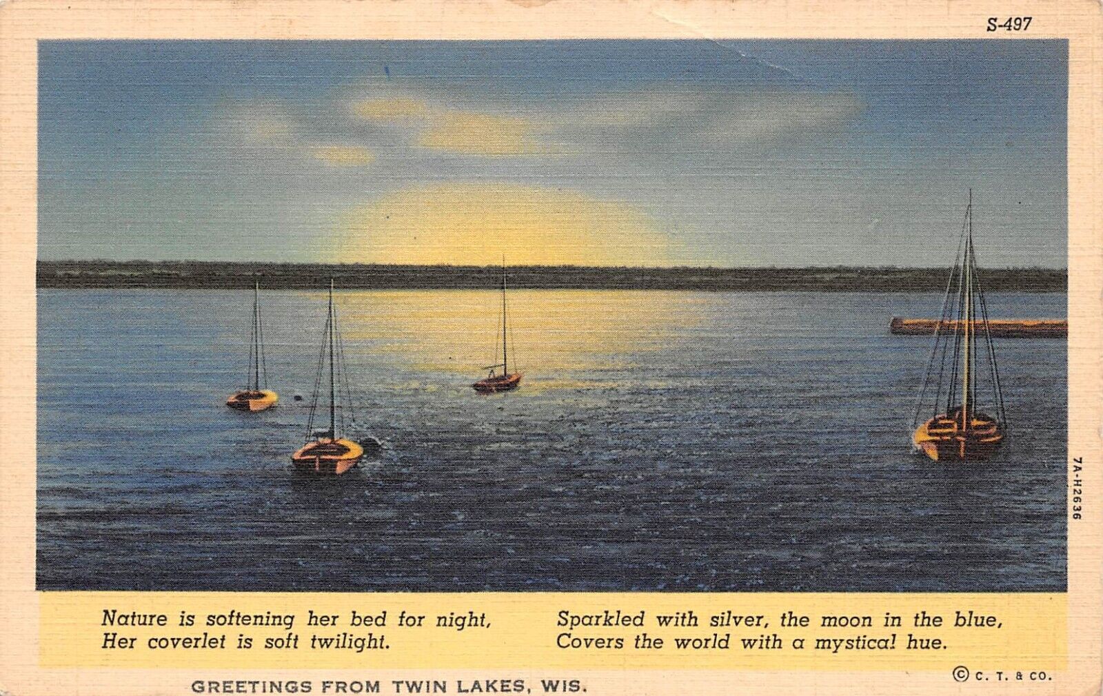 Greetings from Twin Lakes Wisconsin Sailboats at Sunset 1940 Linen Postcard