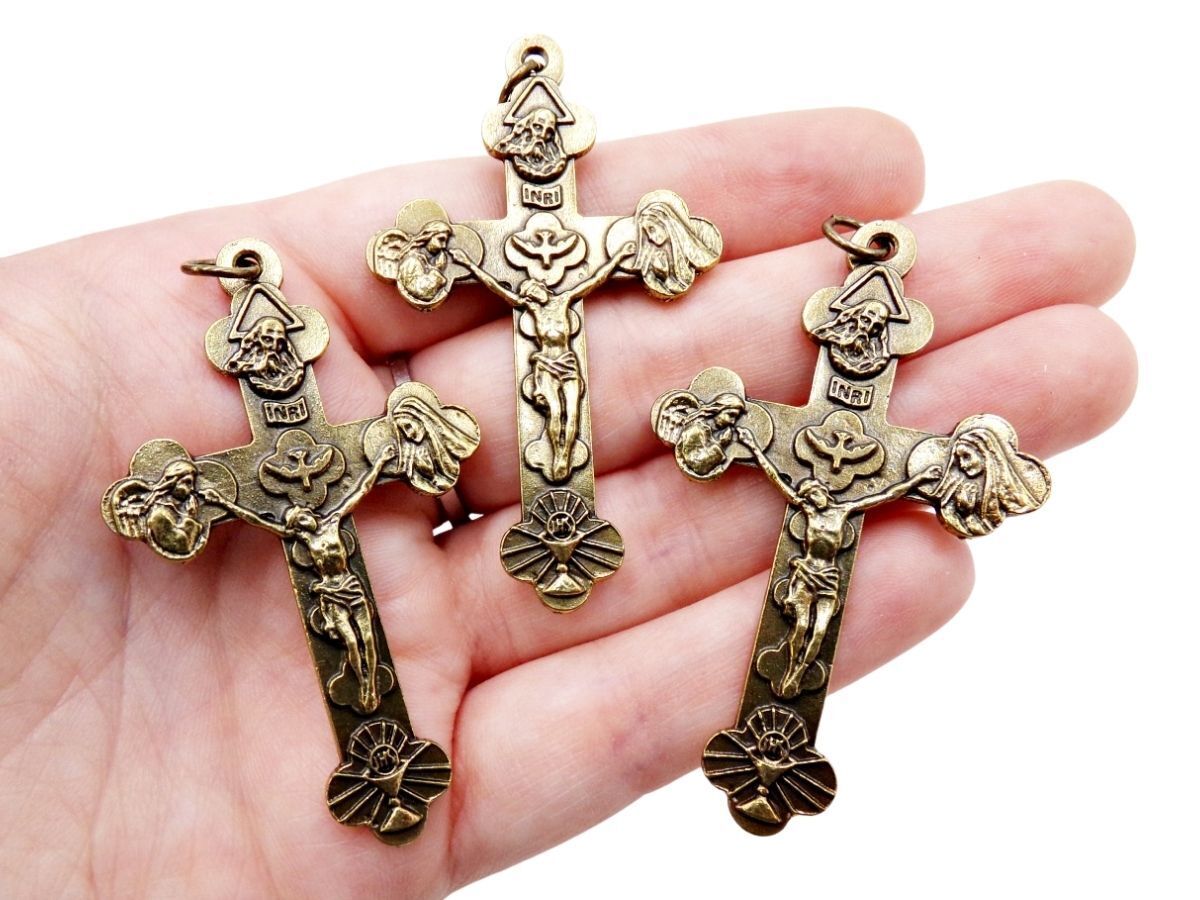 Lot of 3 Bronze Tone Ornate Holy Trinity Cross Crucifix Medal Rosary Pendants