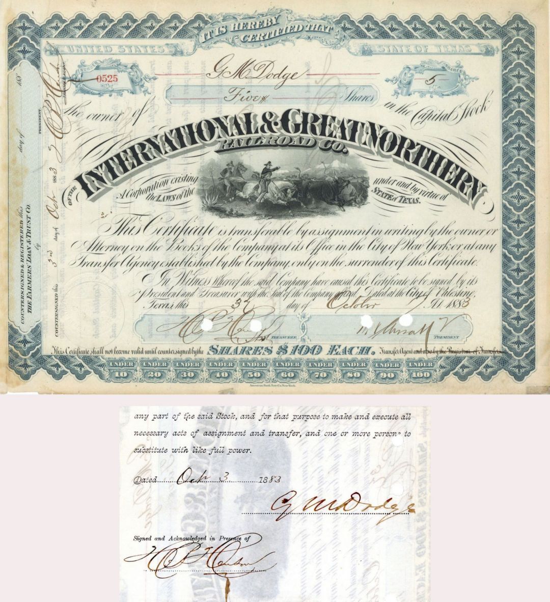 International and Great Northern Railroad Co. Issued to and Signed by G.M. Dodge