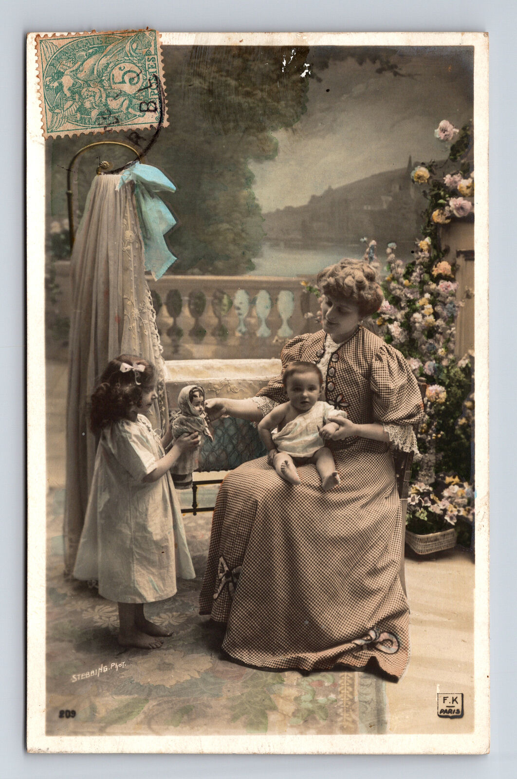 RPPC French Hand Colored Portrait Mother Daughter Baby & Doll Stebbings Postcard