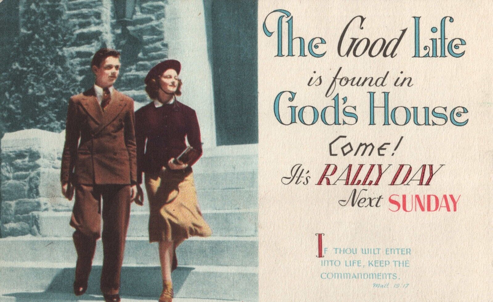 The Good Life is Found in God\'s House Come Rally Day Religious 1946 Postcard