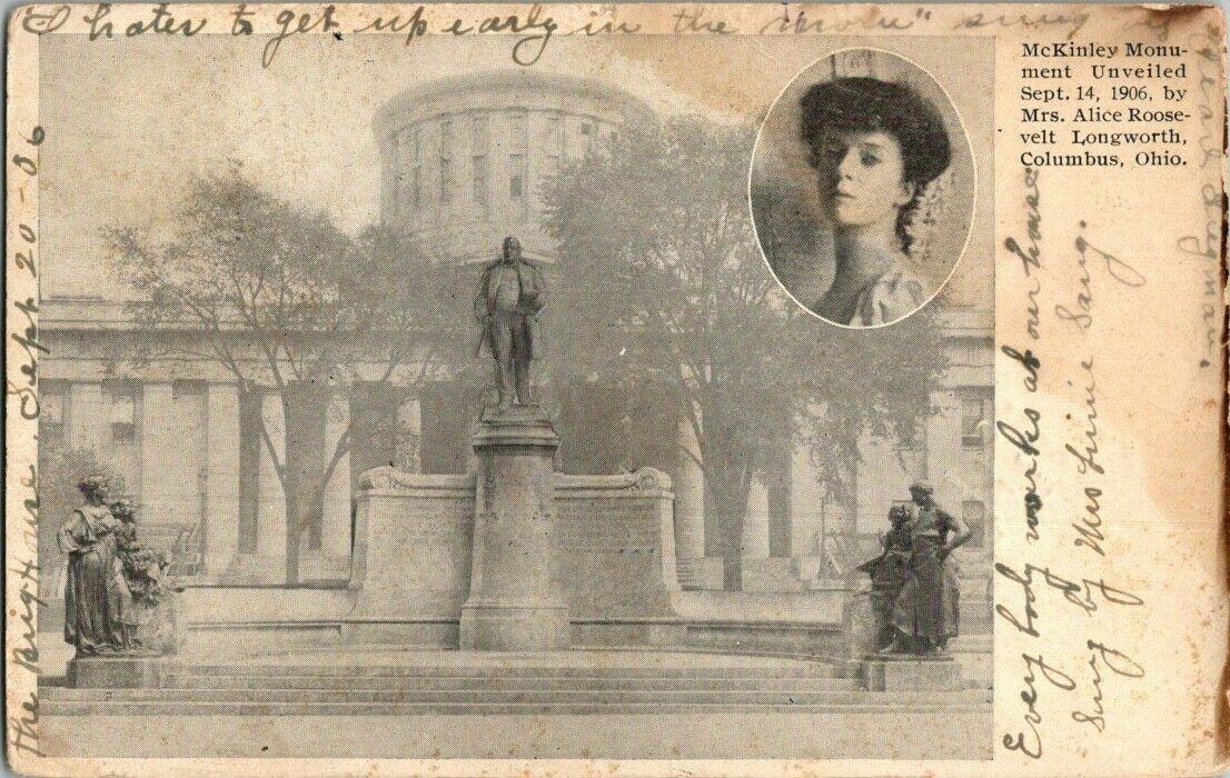 1906. MCKINLEY MONUMENT. UNVEILED BY MRS ALICE ROOSEVELT LONGWOR. POSTCARD. EP27