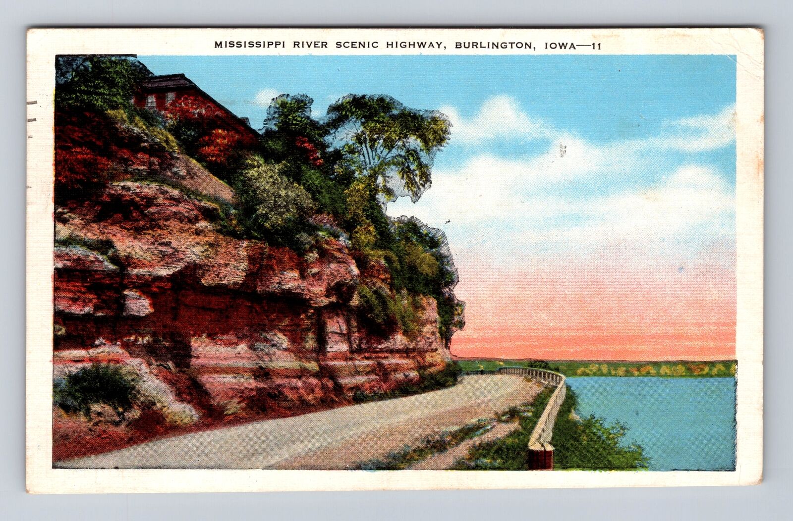 Burlington IA-Iowa, Mississippi River Scenic Hwy, Antique Vintage Postcard