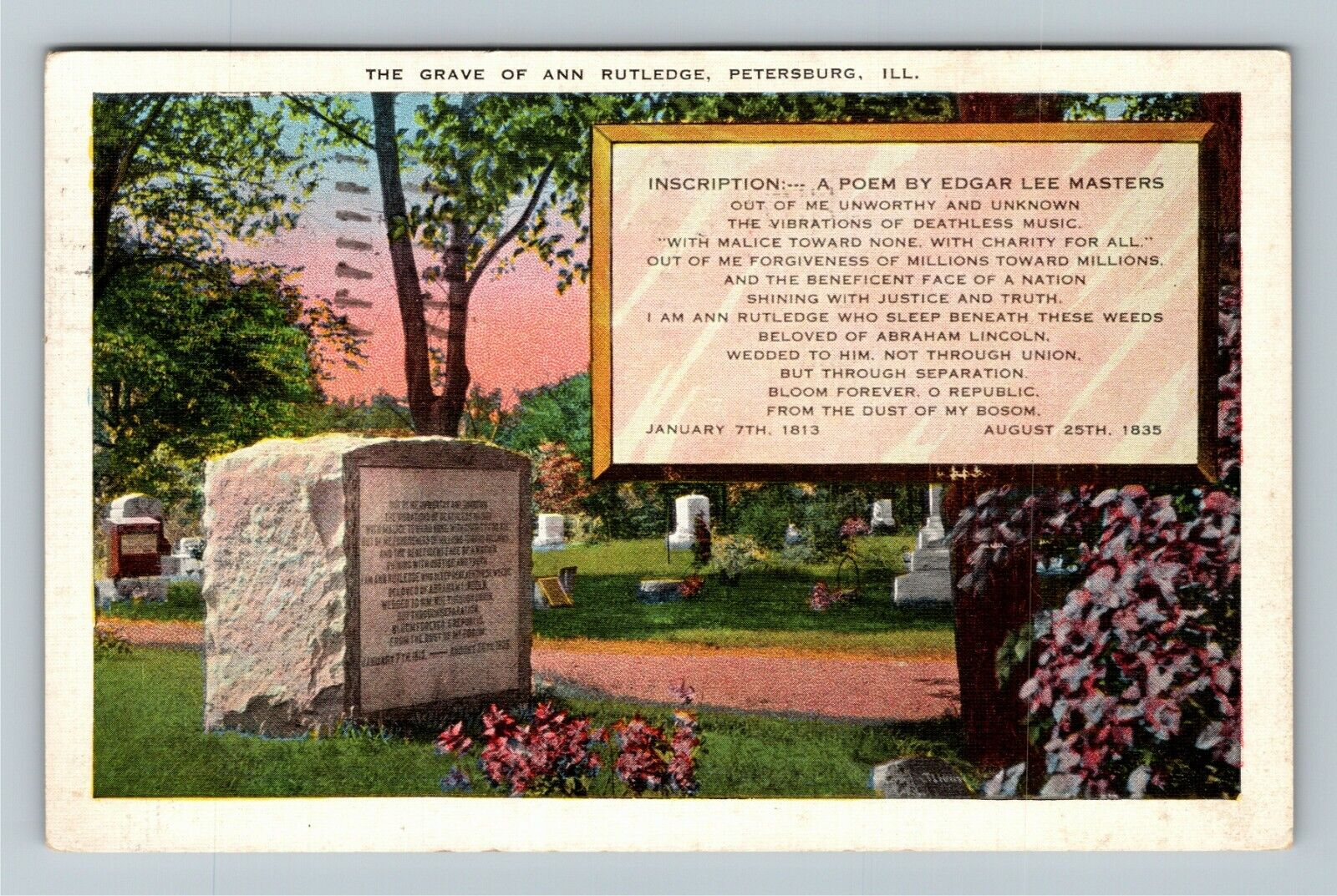 Petersburg IL-Illinois Grave Ann Rutledge and Monument c1940 Vintage Postcard